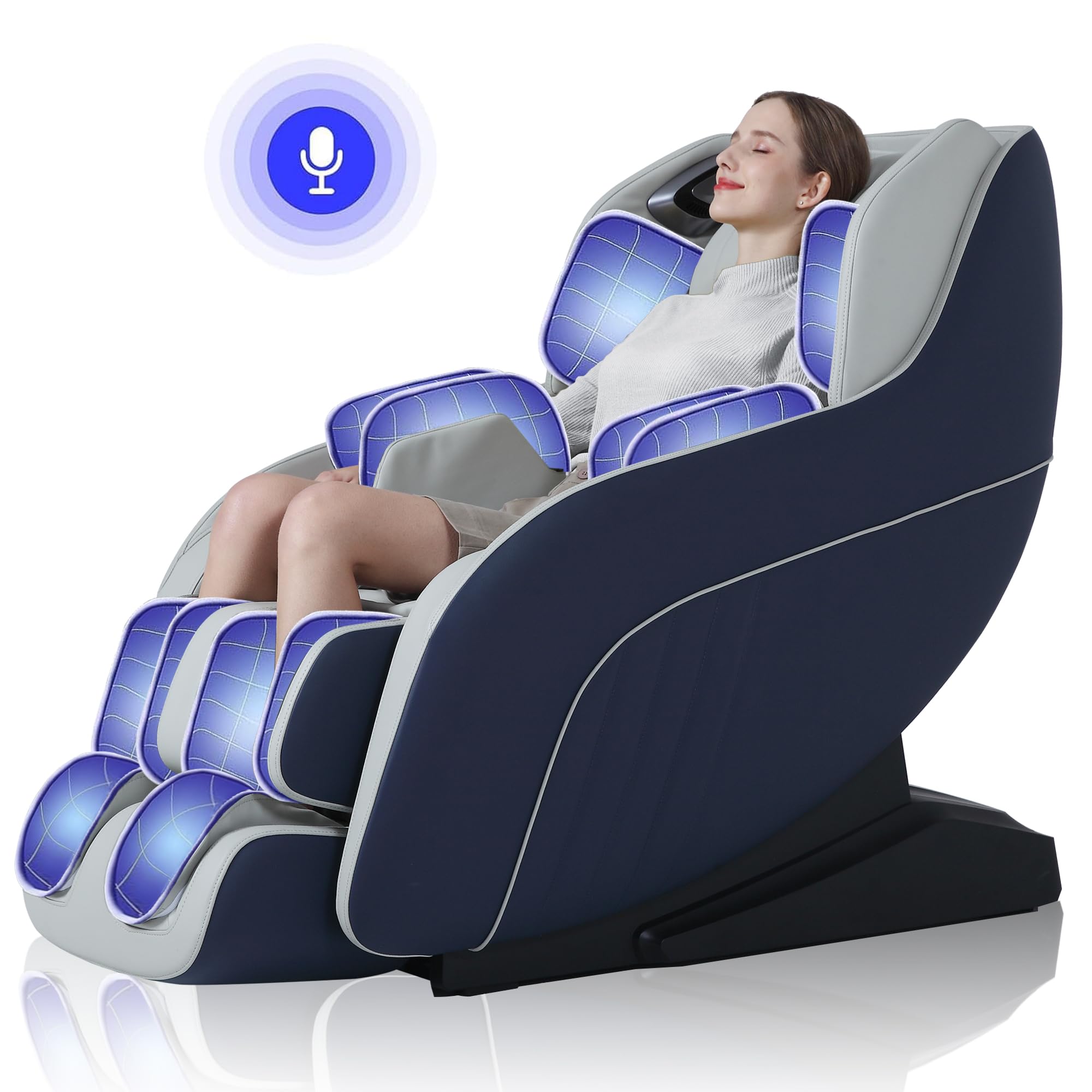 HealthRelife Massage Chair Full Body Recliner, with Heat Zero Gravity Air Pressure SL Track Intelligent Voice Control Airbags,Blue