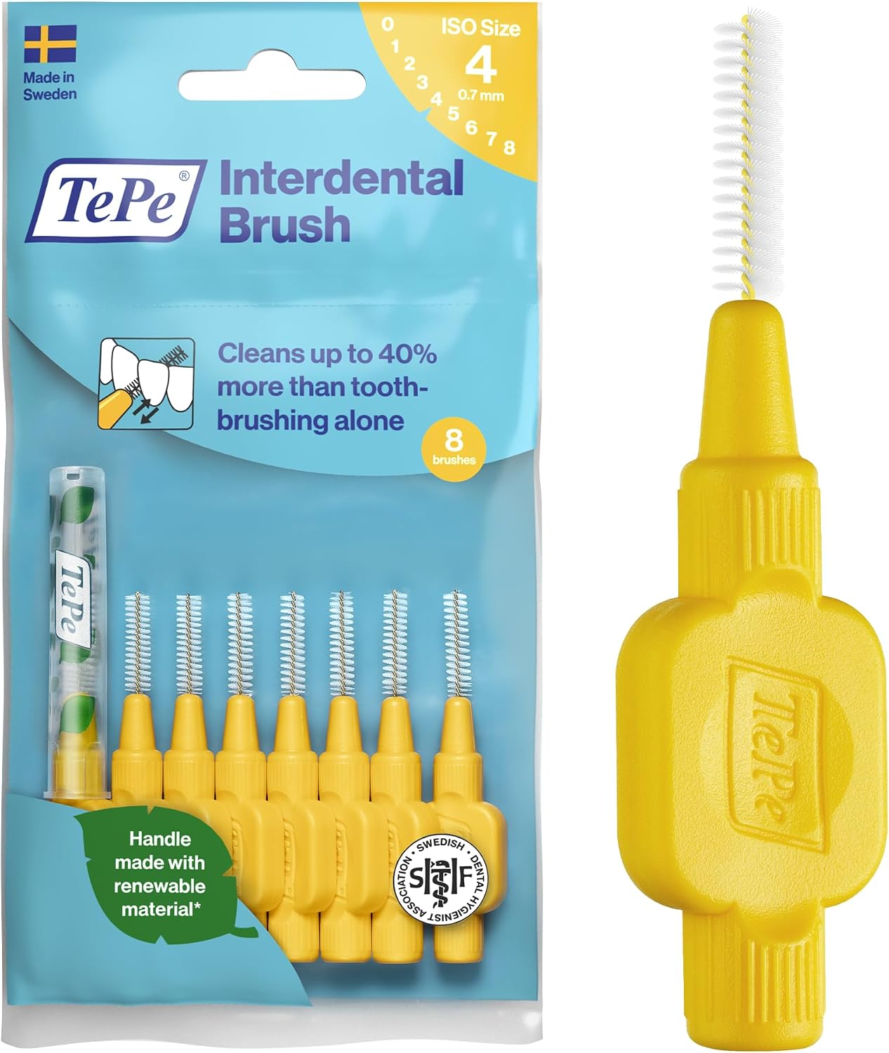 Scovolino TePe, Original, Giallo, 0.7mm/ISO 4, 8pz, pulizia interdentale efficace, rimozione placca e pulizia interdentale per spazi medi