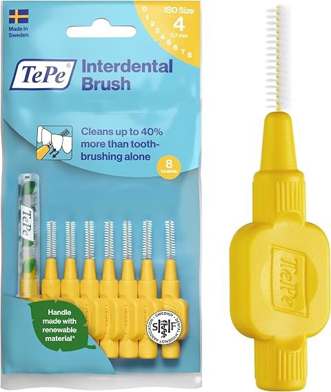 Scovolino TePe, Original, Giallo, 0.7mm/ISO 4, 8pz, pulizia interdentale efficace, rimozione placca e pulizia interdentale per spazi medi