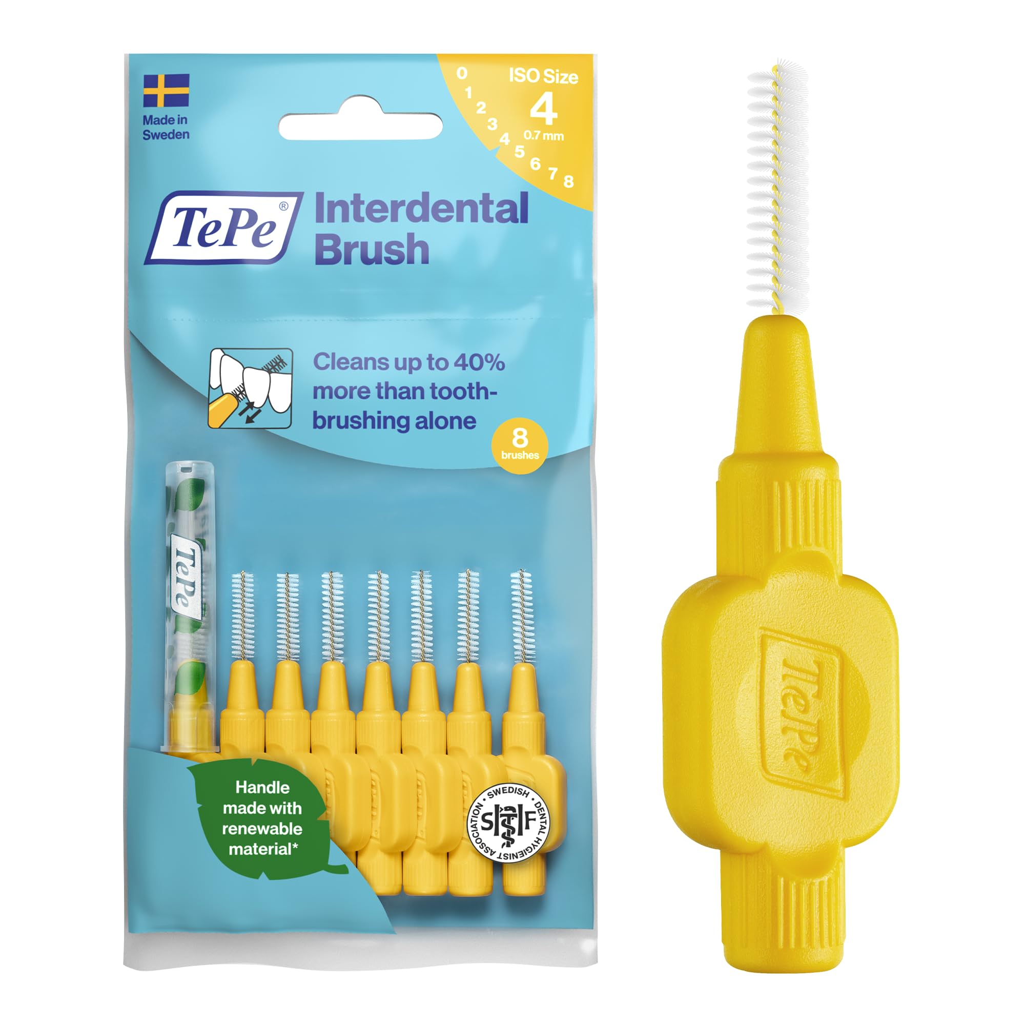 TePe Interdental Brush, Original, Yellow, 0.7mm/ISO 4, 8pcs, efficient Cleaning Between Teeth, Plaque Remover and Dental flosser for Small Gaps