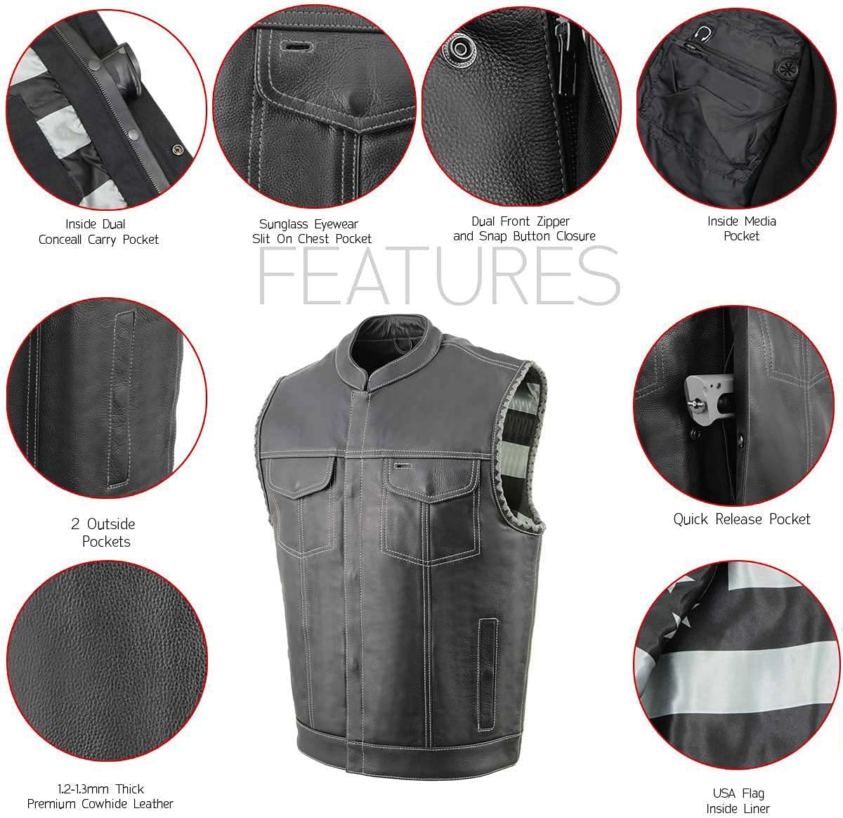 Milwaukee Leather MLM3507 Men's Old Glory Black Premium Leather Club Style Vest w/Grey Stitching Laced Armholes - Image 2