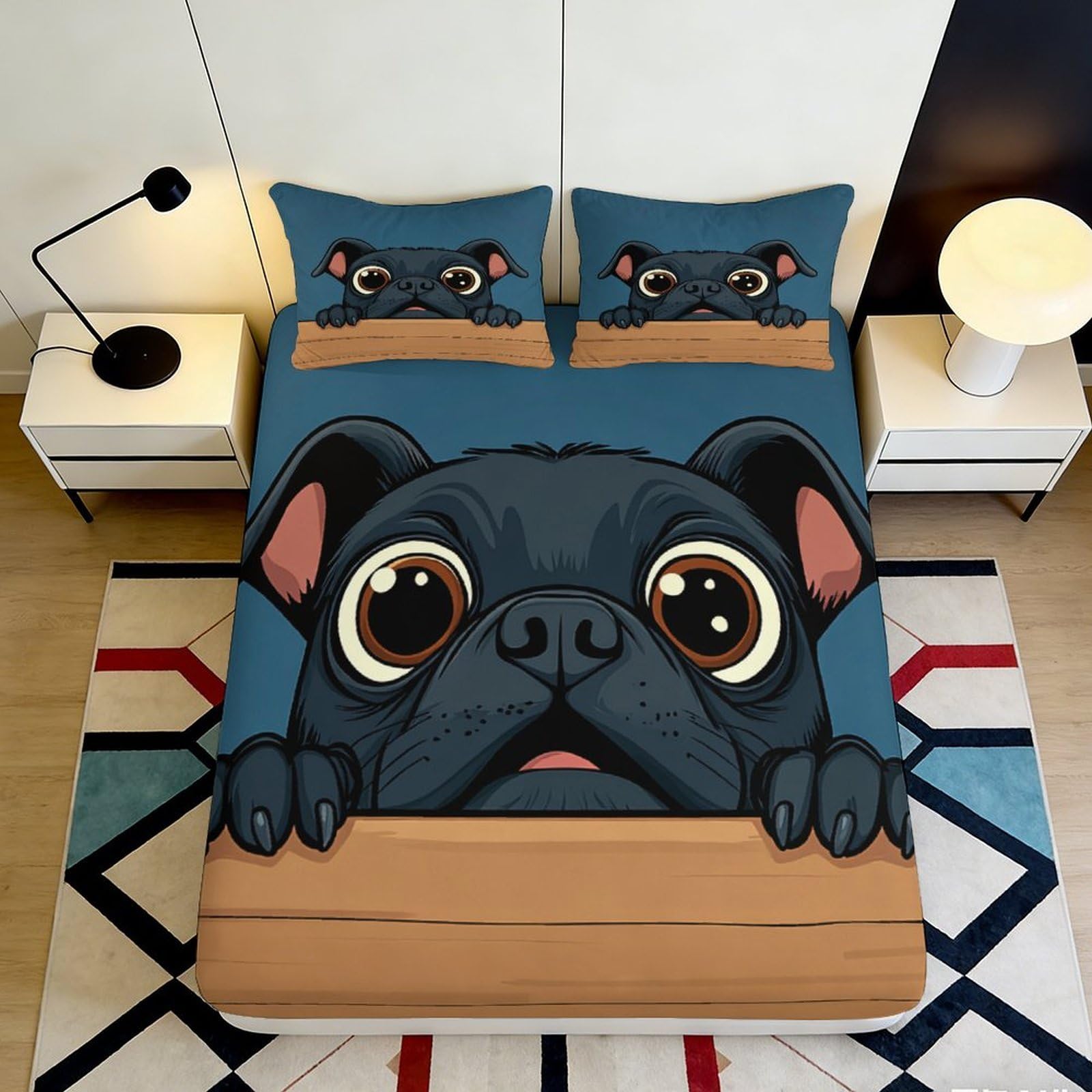 3D Printed Cartoon Pug Fitted Sheet Microfiber Soft Blue Dog Bed Sheet for Bedroom Guest Room Mattress Decor 90x200x25cm