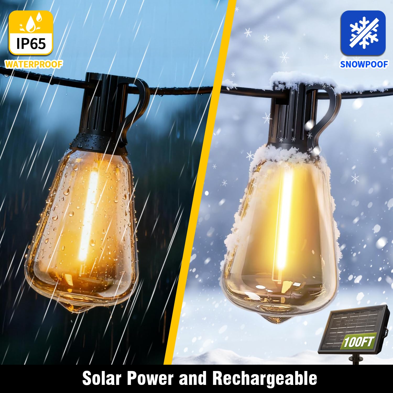 Guirnalda de luces solares para exteriores impermeables con control remoto y temporizador, bombillas LED ST38 inastillables, luces de patio alimentadas por USB y energía solar para patio