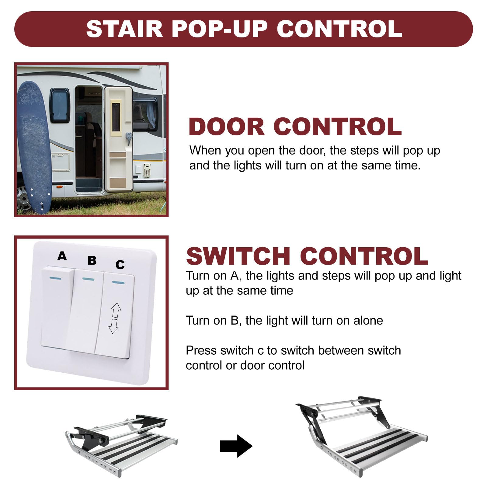 Gradino Elettrico Pieghevole per Camper con Luce a LED, Costruzione in Lega di Alluminio Resistente, Controllo dell'interruttore e Controllo della Porta, Scale Automatiche Pieghevoli per ro