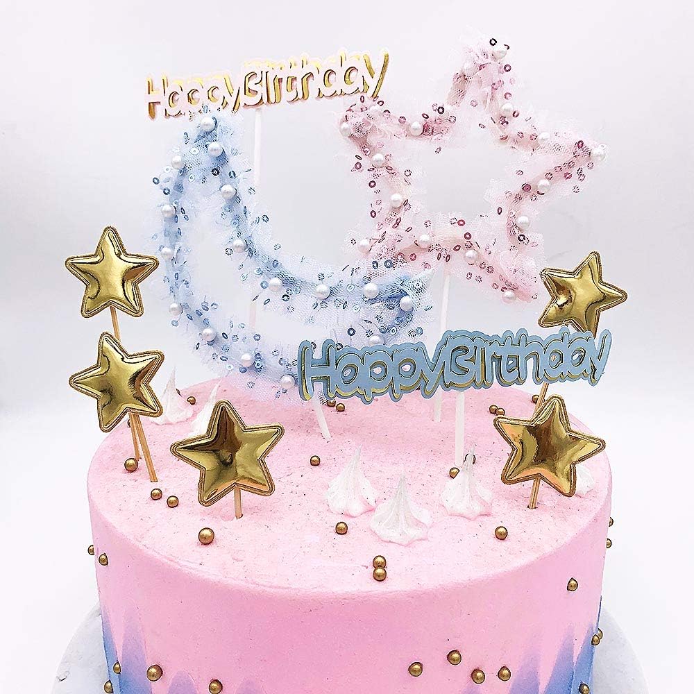 DeMissir 9 Pcs Sequise Pink Blue Lace Moon Star Cake Topper, Girl Baby Shower Happy Birthday Cake Toppers Gold Stars Party Cupcake Decoration