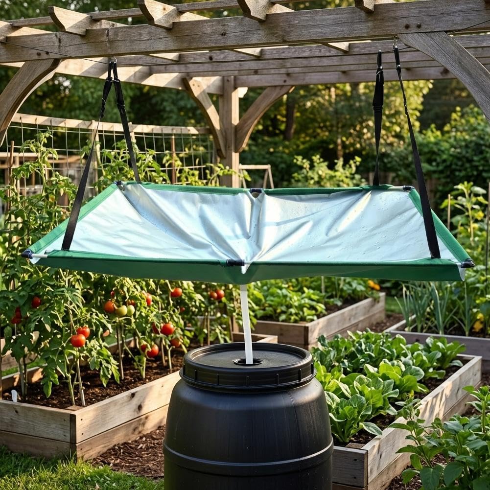 Rain Water Collector with Hose,Outdoor Rainwater Harvesting Funnel with Filter Cloth,Resuable Roof Drain Fitting Tarp,Portable Rain Catcher for Garden,Greenhouse,Balcony & Backyard Water Collection