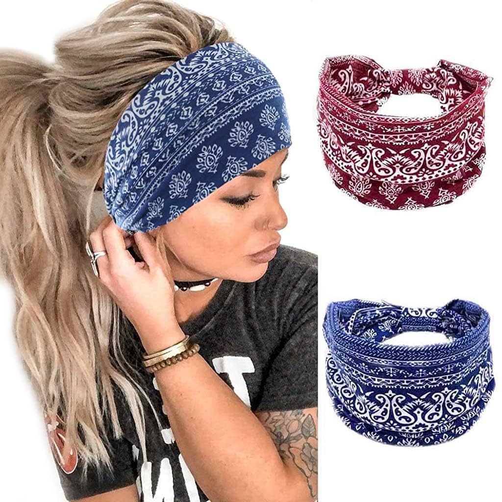 TTRCB 2Pcs Gym Headbands Bohemian Headbands for Women Men, Stretch Wide Hair Bands Stylish Yoga Sweatband for Workout, Running, Tennis, Badminton, Marathons, Cycling