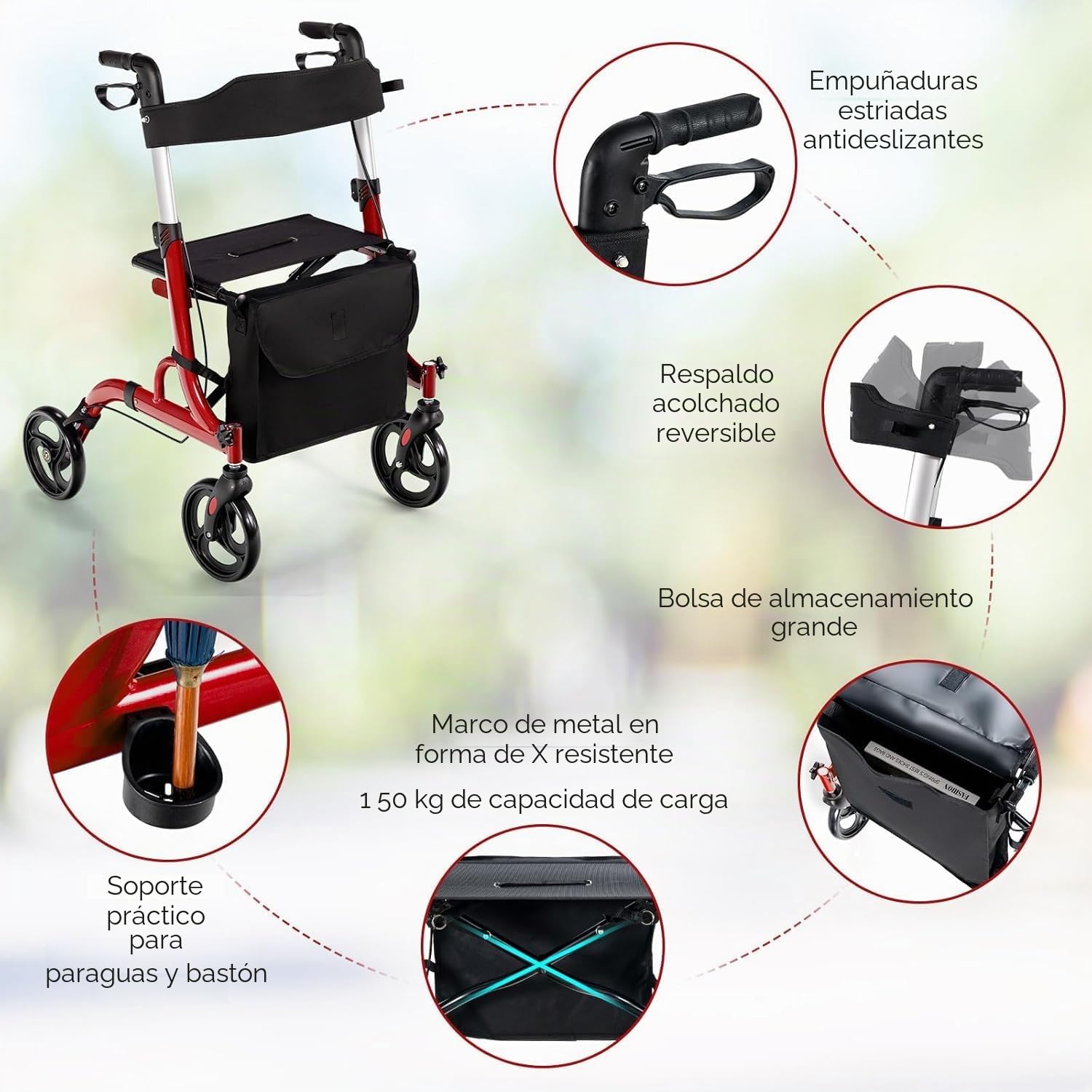 FANTASK Andador plegable y ligero con asiento, silla de descanso 2 en 1 y andador de viaje, 6 alturas de altura regulable