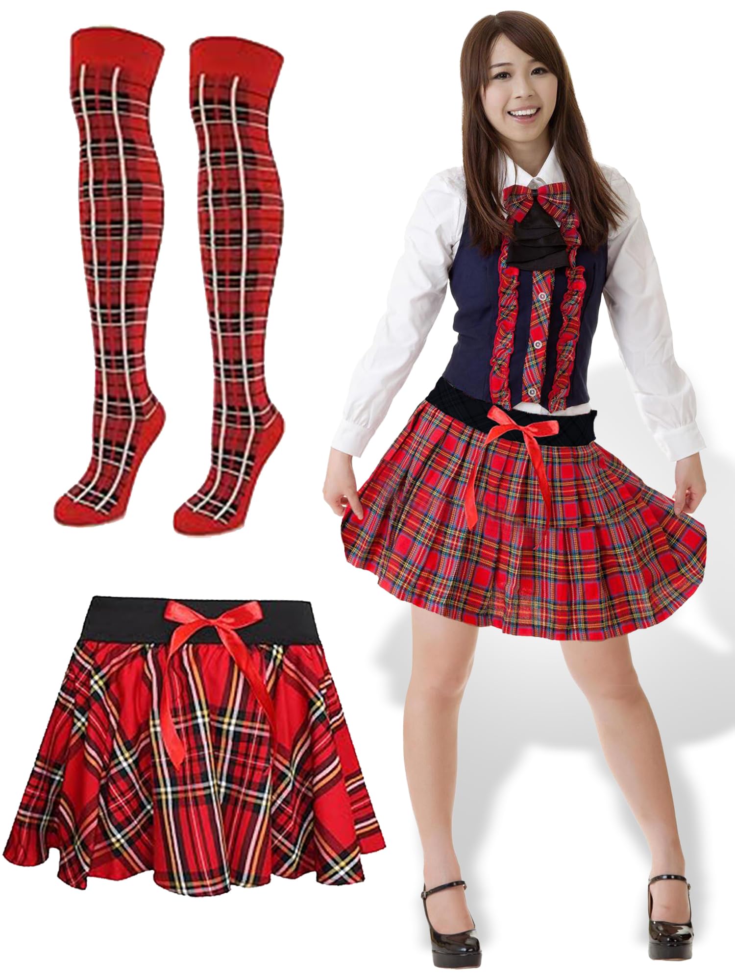 Mega_Jumble Ladies Geek Nerd Chic School Girl Fancy Dress Costume Red Tartan Skirt and Red Tartan Pattern Socks Women's Scottish Fancy Dress Costume Accessories (S/M)