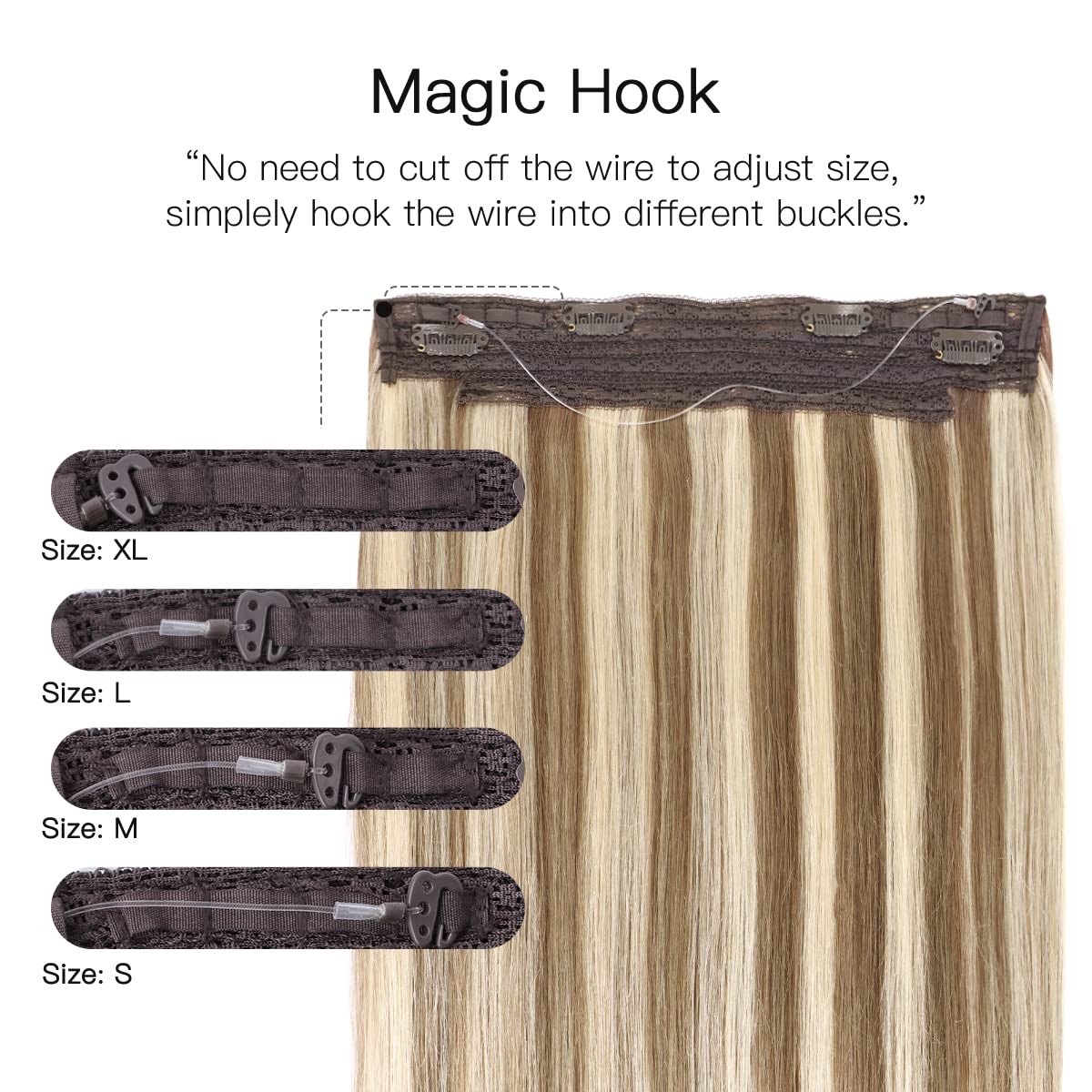 HOTBANANA Hair Extensions Wire, 14 Inch 75g Ash Brown Highlighted Golden Blonde, Invisible Fish Line Wire Extensions for Women