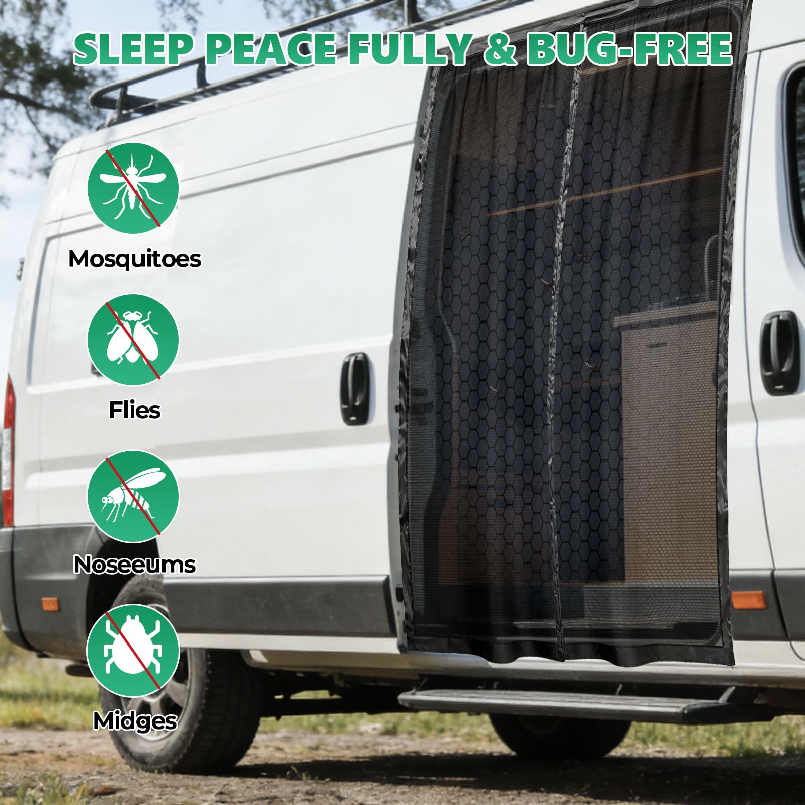 Mosquitera magnética universal para puerta lateral para Mercedes Sprinter, Opel Movano, Fiat Ducato, cierre magnético en los bordes y en el medio, 180 x 150 cm