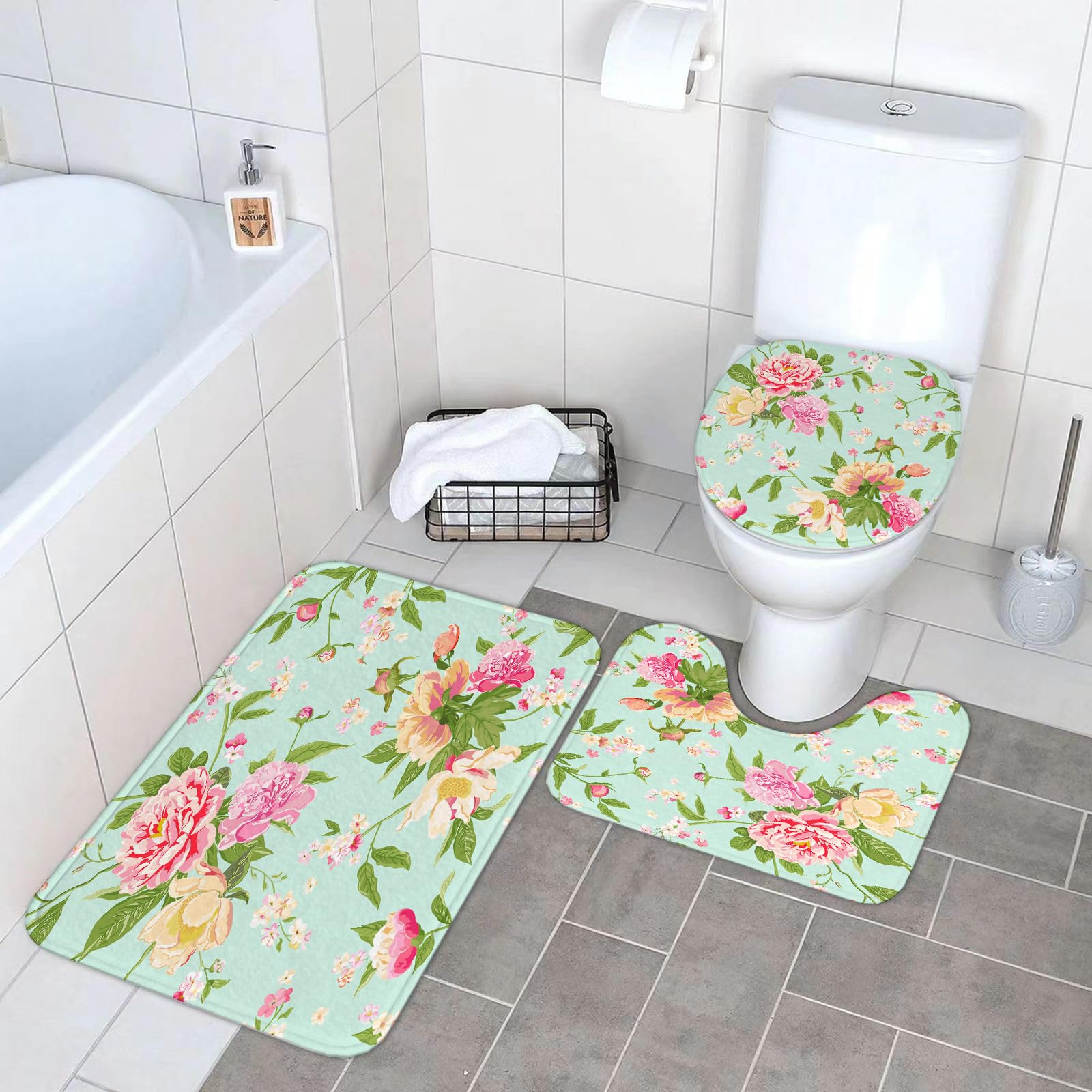 Set di 3 tappetini da Bagno, Lavabili in Lavatrice e Antiscivolo, in Morbida Fibra Superfine, con Motivo Floreale di Rose ad Acquerello sullo Sfondo.