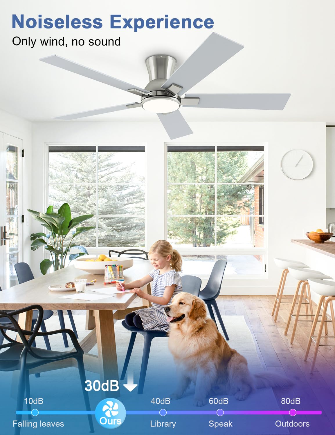 52 Inch Ceiling Fans with Lights and Remote Brushed Nickel Flush Mount Low Profile Ceiling Fan for Bedroom — view 4