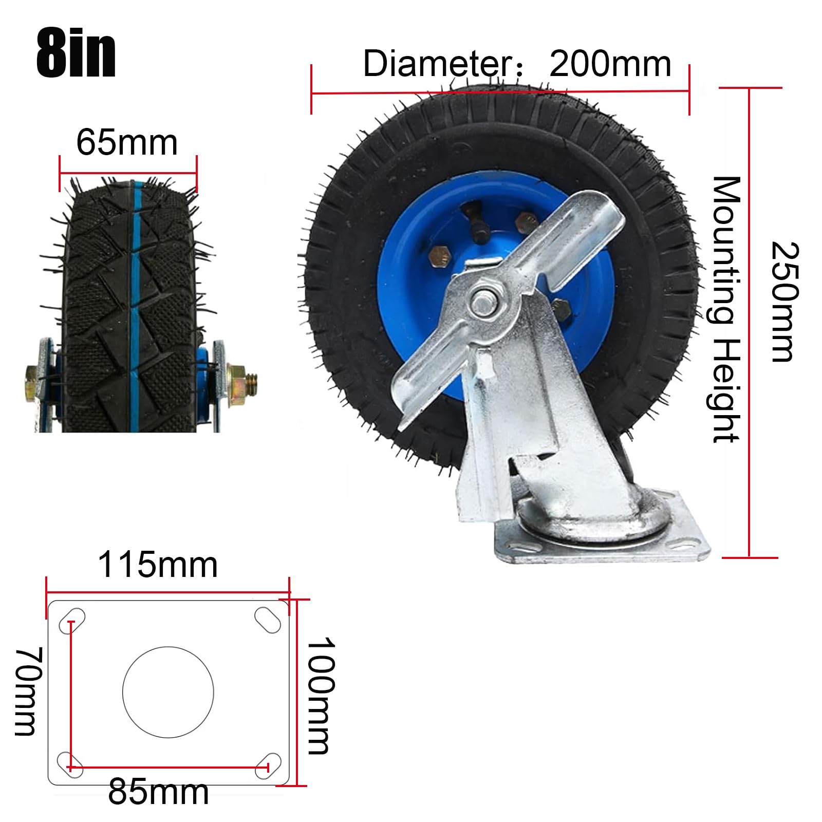 Ruote girevoli ruote per carichi pesanti Rotella for carichi pesanti, Rotella girevole pneumatica, 2 pezzi, Rotelle fisse, 150mm 200mm 250mm, Con freno, Ruote del carrello in gomma, Rotelle silenziose