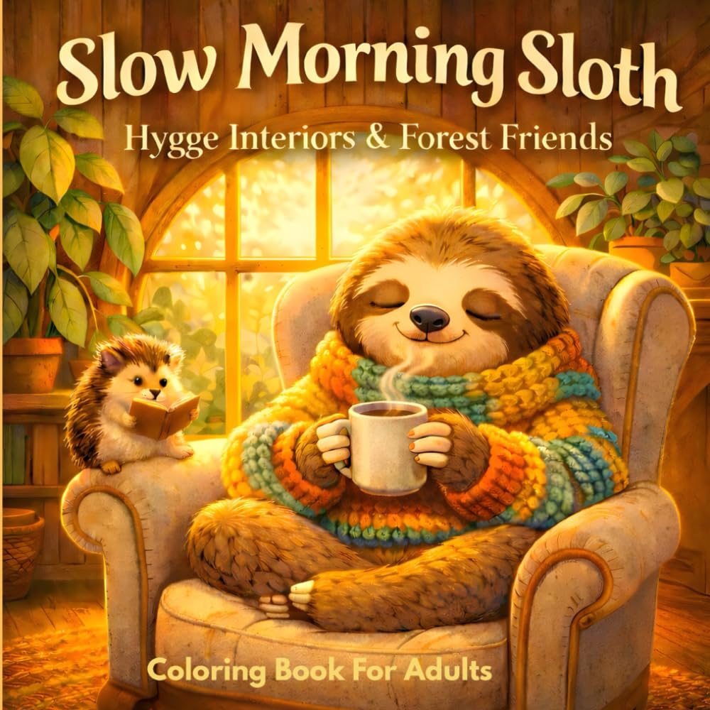 Slow Morning Sloth: A Cozy Cottage Coloring Book: 40 Easy & Relaxing Hygge Designs with Forest Friends for Stress Relief