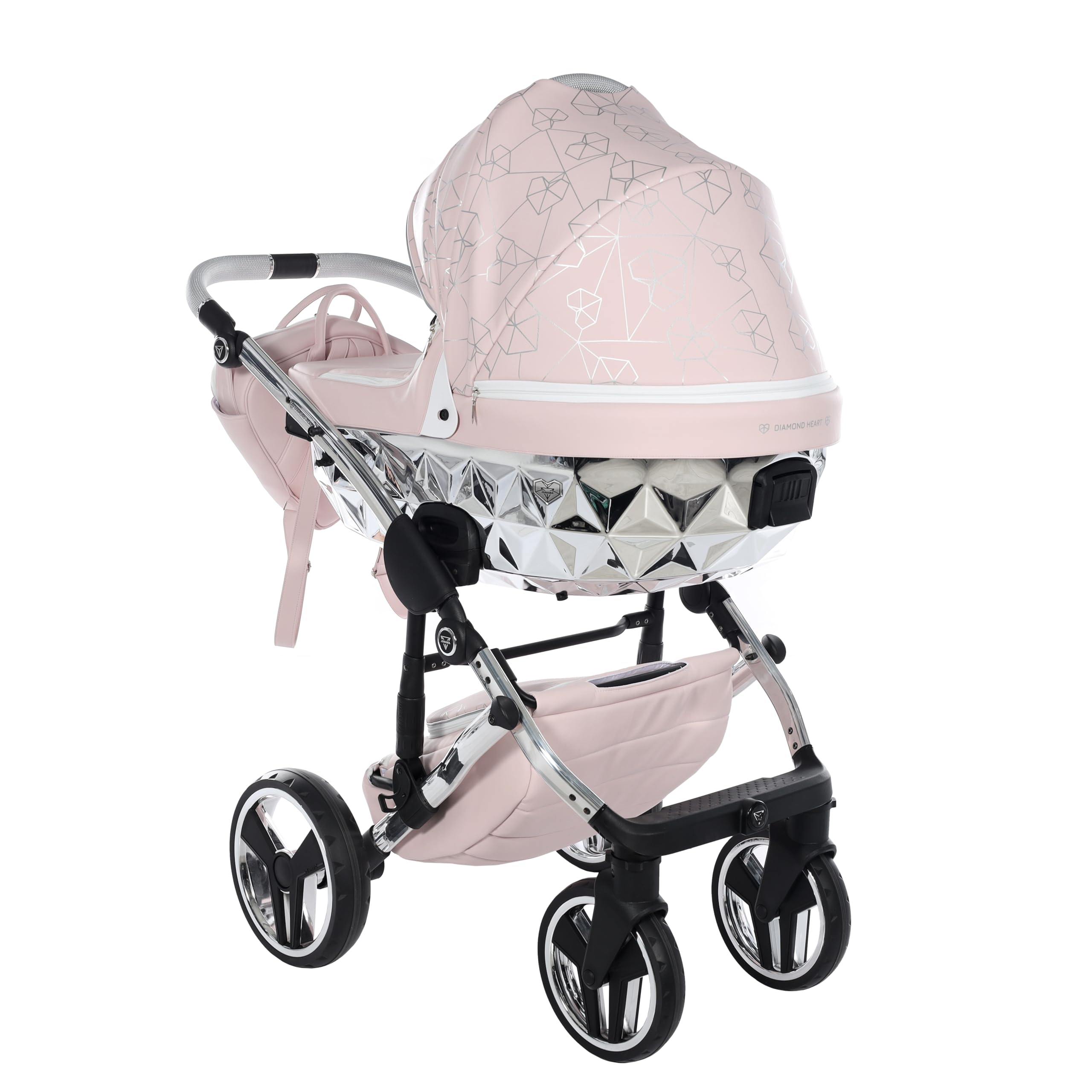 Junama Diamond Heart 06 Rosa y Plateado Cochecito de Bebé 2 en 1, 3 en 1, 4 en 1 + Sombrilla para Carrito (3 en 1 con silla de auto)