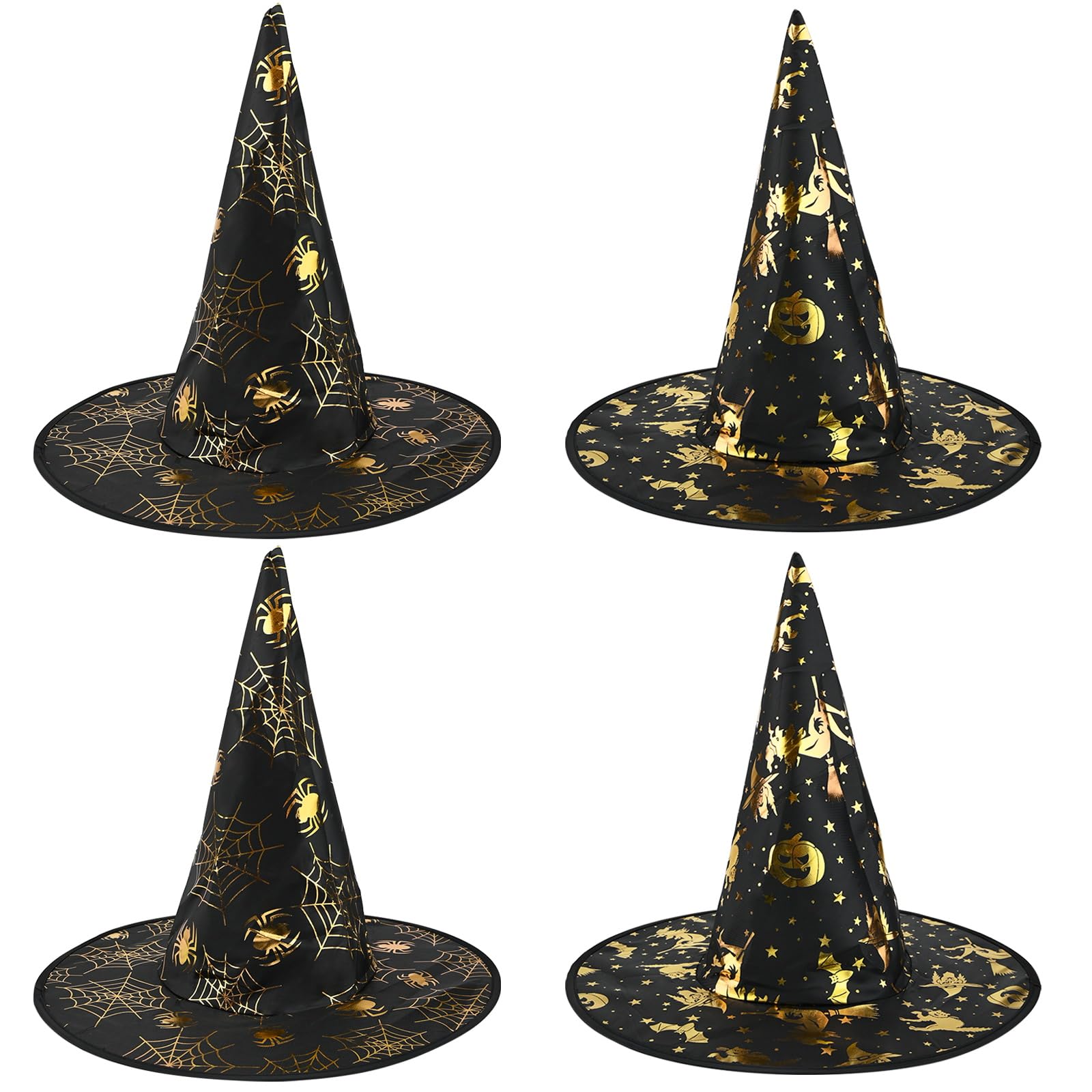 4 Pcs Witch Hats Black Gold Halloween Adults Fancy Dress Costume Headwear