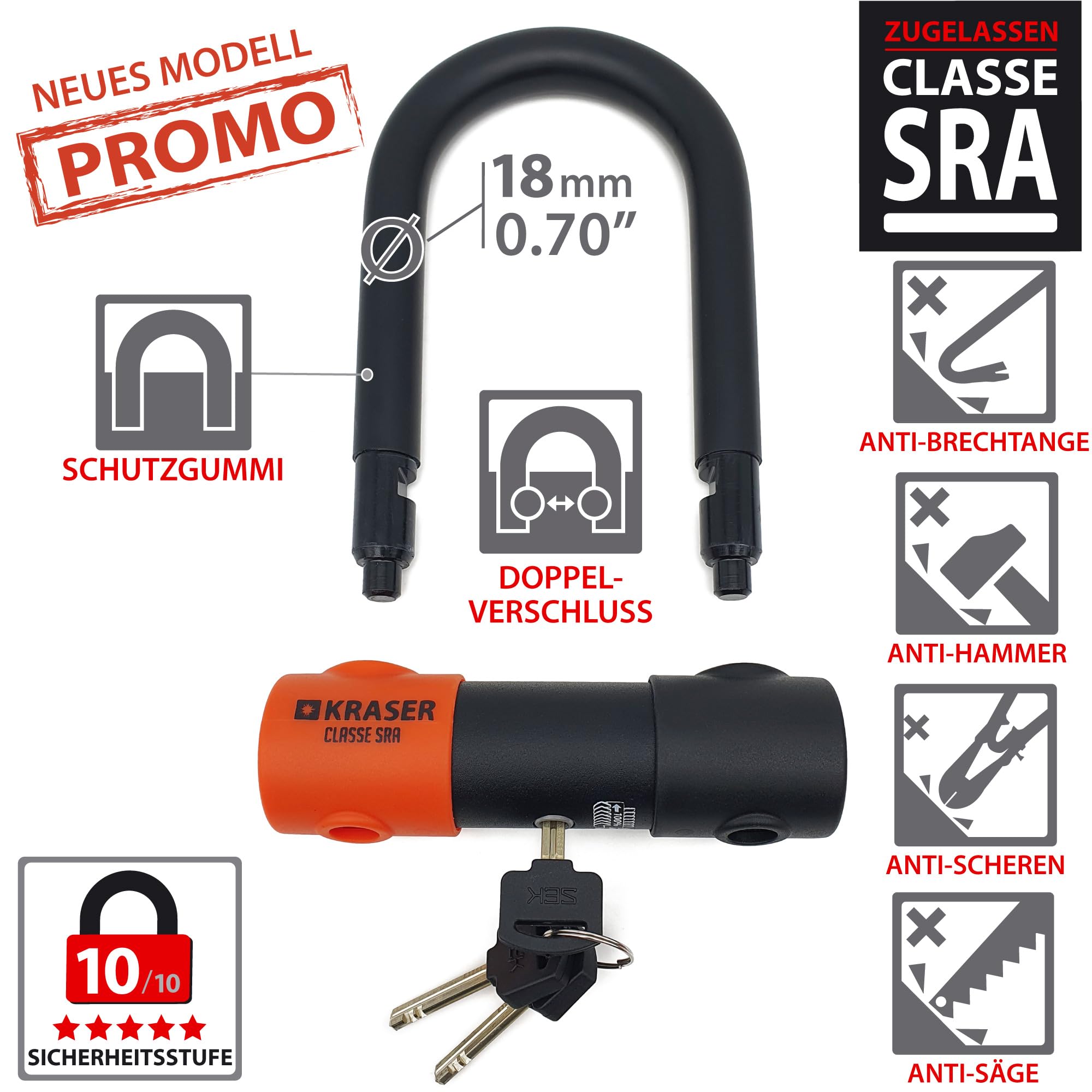 KRASER KR85S Anti-Diebstahl Motorrad Fahrradschloss Bügelschloss Vorhängeschloss U Homologiert SRA-Schloss Sicherheit Solides Schloss 85x125 Ø18 Diebstahlsicherung Motorräder Motorroller Fahrrad