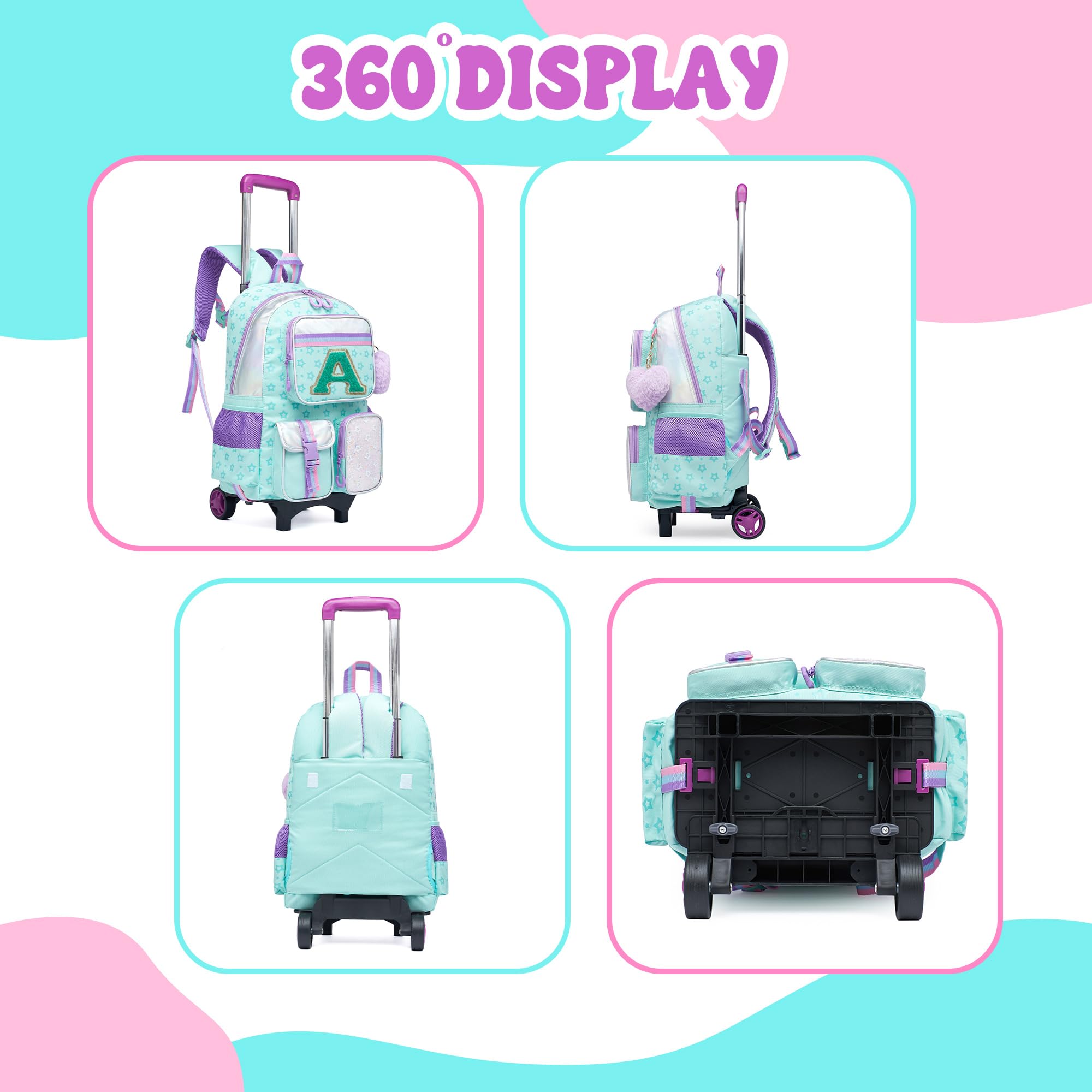 HTgroce Zaino Trolley Scuola Elementare Bambina con Lettera A – Set 3 Pezzi con Borsa per la Merenda e Astuccio – Zainetto con Ruote 2-in-1 Ergonomico per Scuola e Viaggio