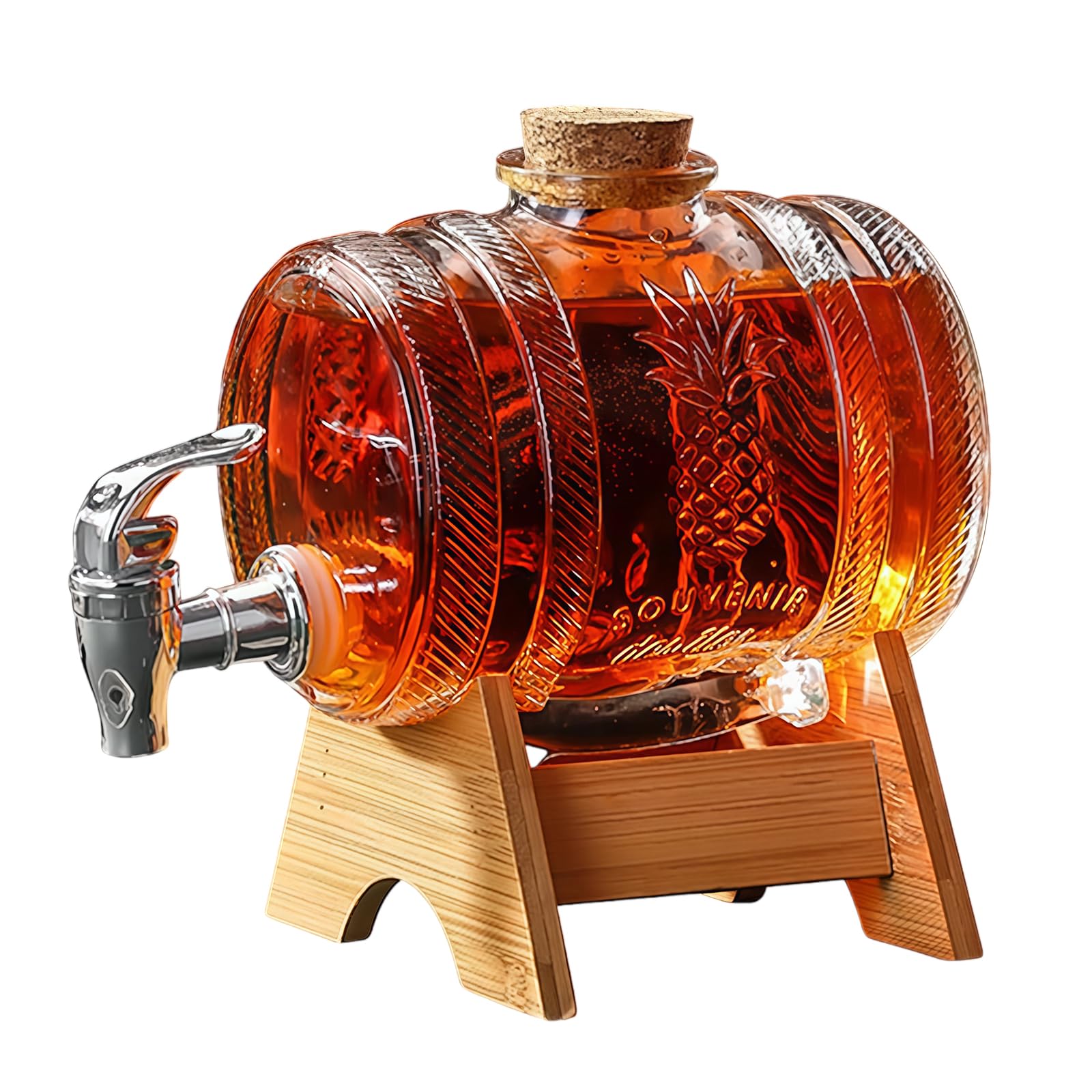 Whiskey Decanter Set, Barrel Glass Water Dispenser with Tap and Wooden Stand Set, 1L Drink Dispenser for Beer Wine Whisky Lemonade Juice Party Drink, Gifts for Boyfriend, Husband, Father