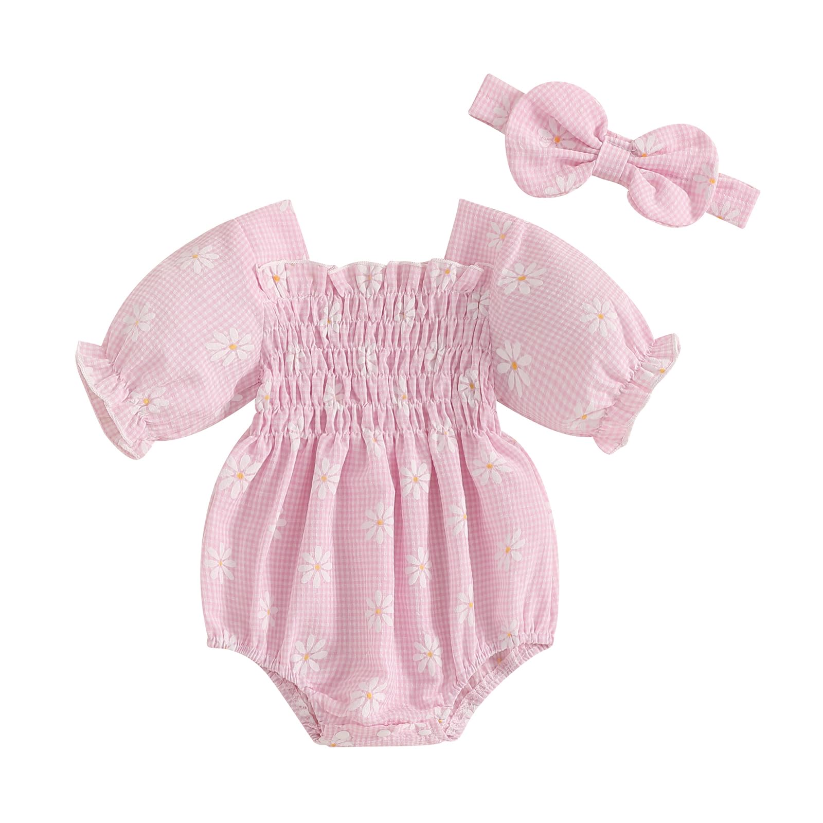 Douhoow Baby Girl Plaid Romper Flying Sleeve Baby Bubble Romper Ruffle Baby Bodysuit Spring Summer Clothes with Headband (Pink A, 0-3 Months)