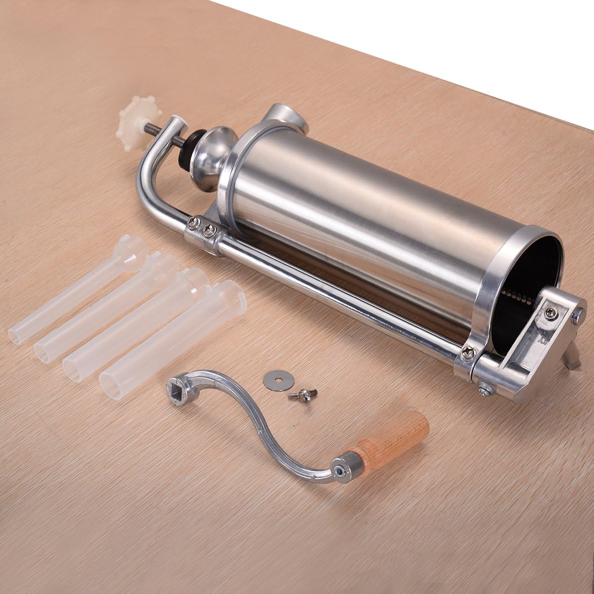 COSTWAY 2,5kg Embutidora de Chorizos, Embutidora Manual de Salchichas de Acero Inoxidable con Base Fija y 4 Tubos de Llenado, Máquina Casera para Embutir Salchichas para Hogar Fiesta
