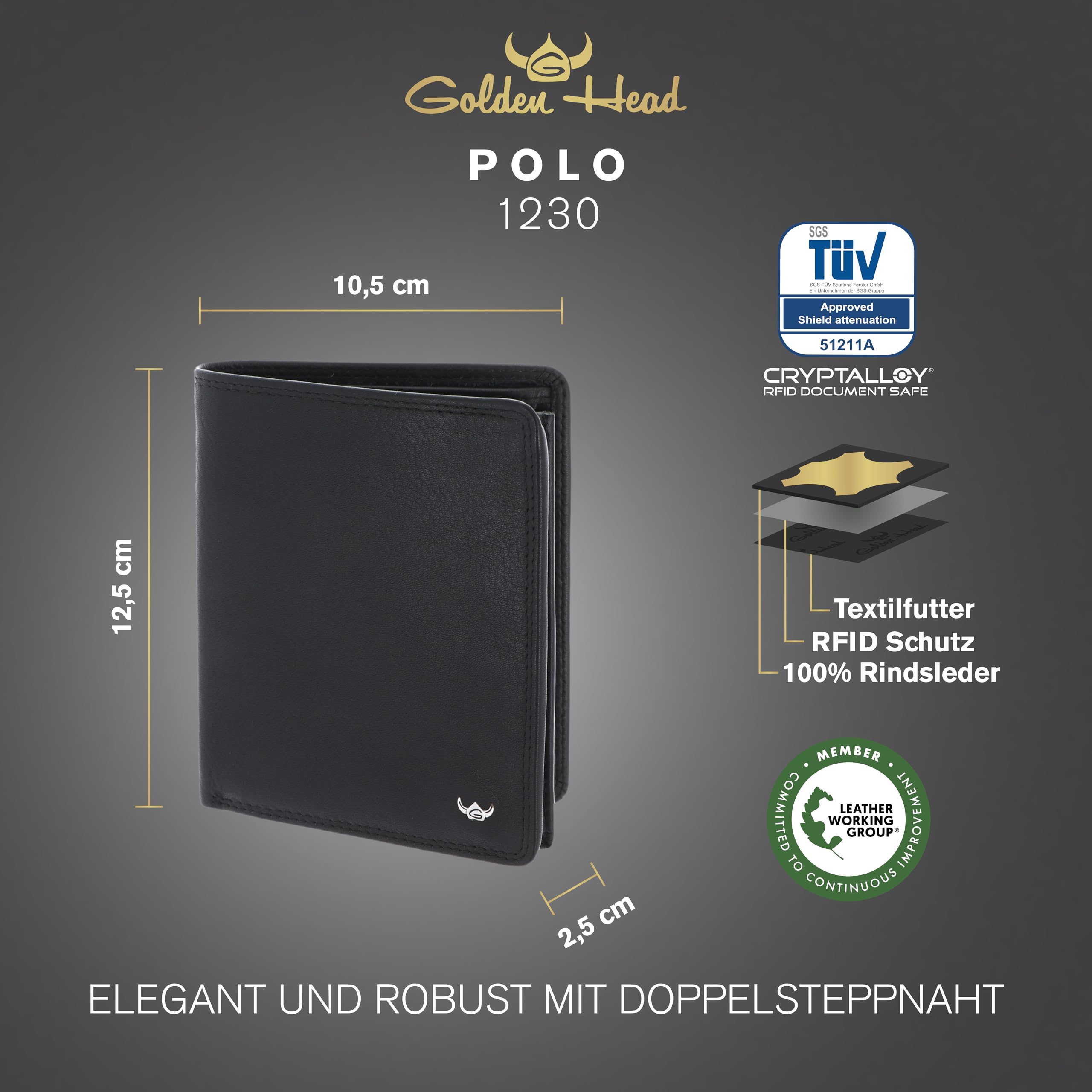 Golden Head Leder Geldbörse Polo RFID Protect Kombischeintasche 1230 Schwarz
