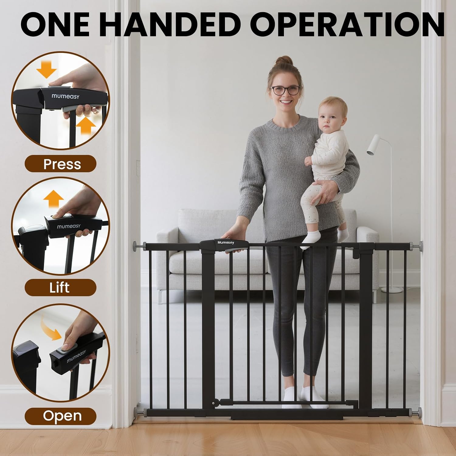29.7-46" Extra Wide Baby Gate for Stairs, Pressure Mounted Dog Gate Indoor for Doorways, Auto Close Pet Gate with Walk Thru Door, Double Lock Child Safety Gate for Kids and Pet, No-Trip Design