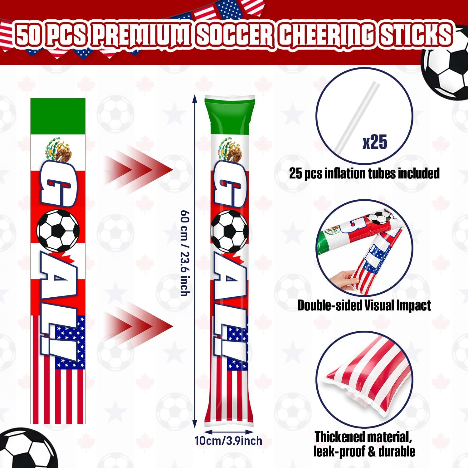 50 Pcs Soccer Noise Makers Thunder Sticks, Double-Sided Inflatable Cheering Sticks with Goal Theme, Stadium Bam Bam Noisemakers for Sports Events, Fan Gatherings & Team Spirit