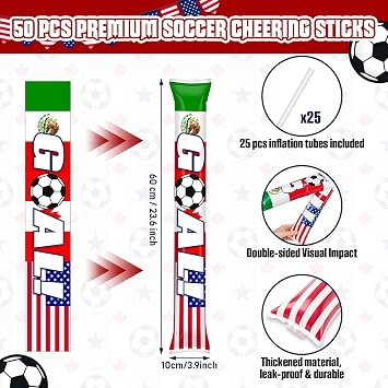 Foilswirl 50 Pcs Soccer Noise Makers Thunder Sticks, Double-Sided Inflatable Cheering Sticks with Goal Theme, Stadium Bam Bam Noisemakers for Sports Events, Fan Gatherings & Team Spirit