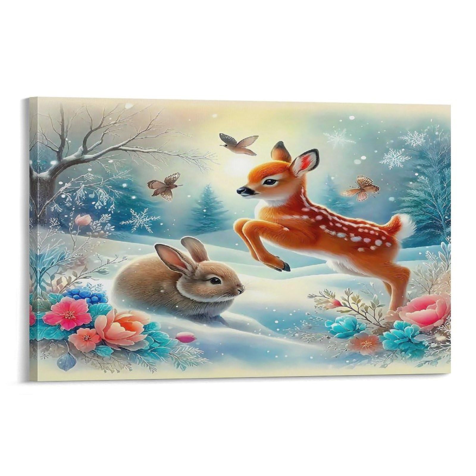 CPLVKWRQJ Cute Bunnies in Swimsuits Single Fawn Rabbit Snowy Forest Flowers Framed Wall Art - Living Room Focal Point Ready to Hang Fade Resistant Wall Artwork 20x30inch(50x75cm)