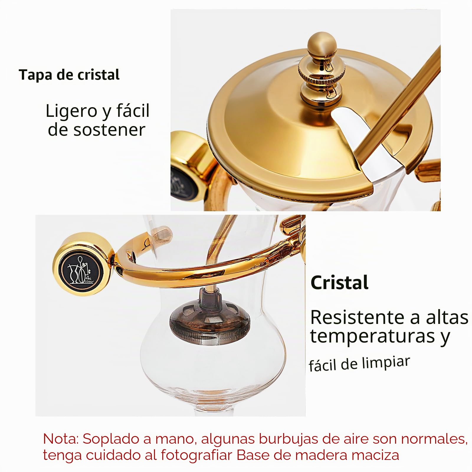 Cafetera de café con sifón de cristal, 4 tazas/400 ml, set de cafetera al vacío con base de madera natural y pomo de tapa, sifón belga para café y té (dorado)