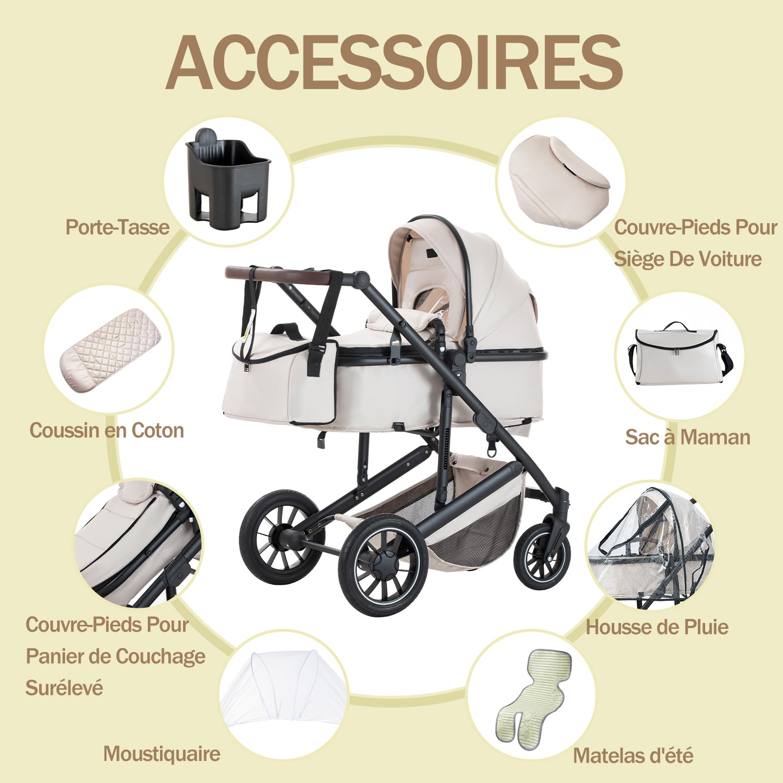 Poussette 3 in 1 Beige - Ensemble avec Siège Auto, Tout Terrain avec Poignée Réglable, Panier de Couchage et Nacelle avec Couvre-Pieds Surélevé, 0-4, 22KG