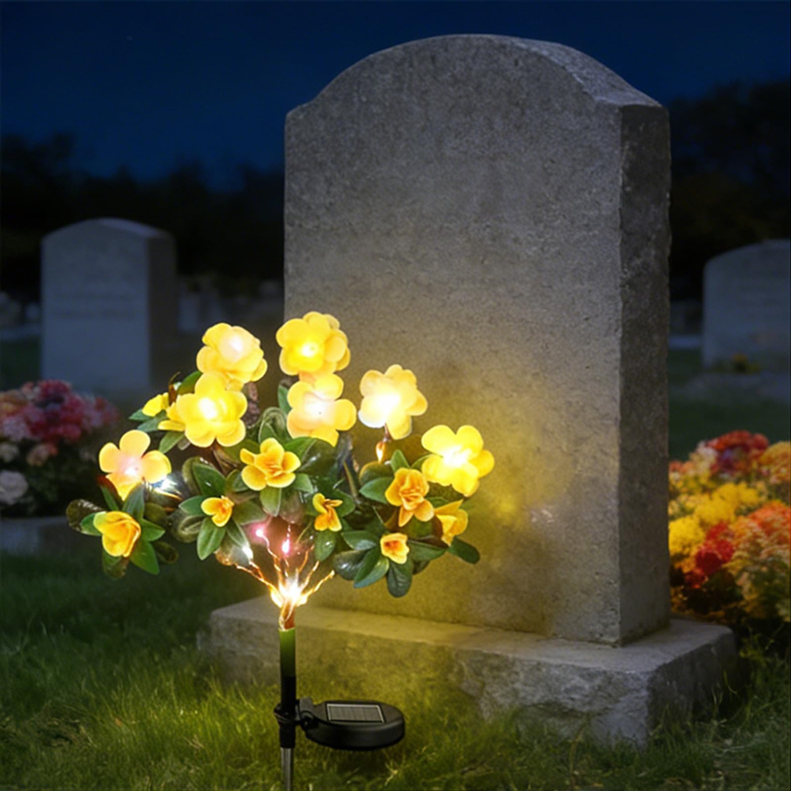 Memorial Garden Bloom Lights – Featuring Ultra-Realistic Artificial Petals, Solar-Powered & Weatherproof, Solar Azalea Flower Decor Stake Lights Outdoor for Cemetery Gravesite Yard Patio (Yellow)