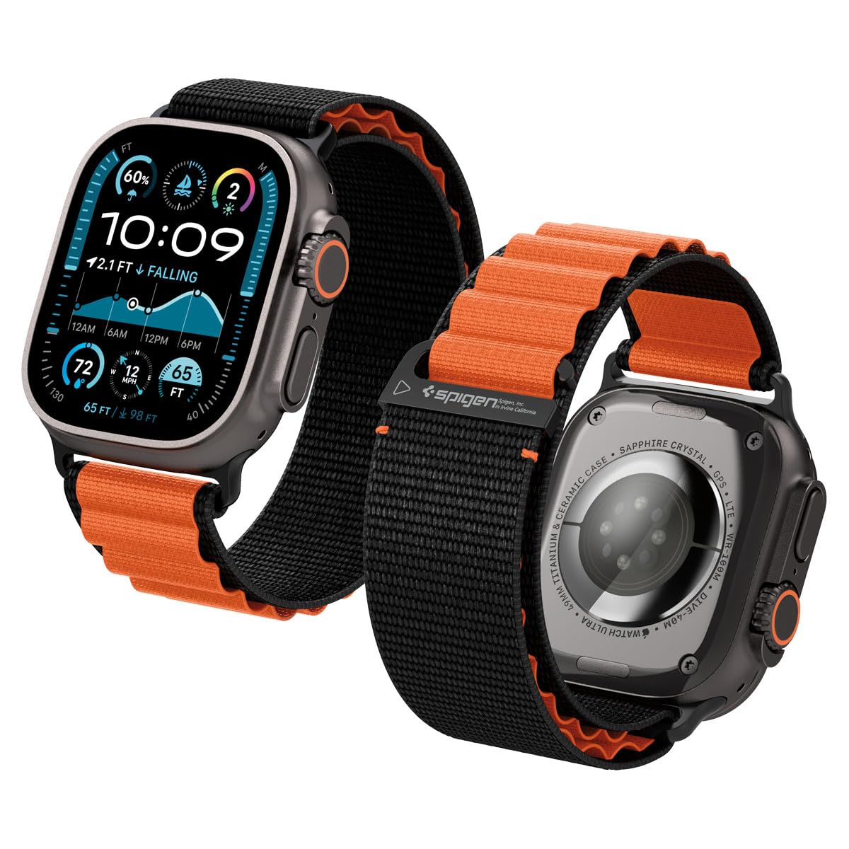 Spigen WBF1 Strap Band for Apple Watch Ultra 3/2/1(49mm), Series 11/10(46mm), Series9/8/7(45mm), SE3/SE2/SE/Series6/5/4(44mm), 3/2/1(42mm), Bold Accent&Airy Comfort - Black Orange-image-20