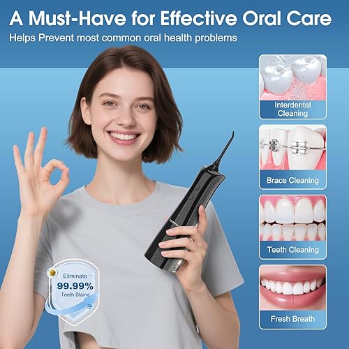 Miniatura 6 de Leominor Irrigador dental de agua  5 modos de irrigador oral portátil inalámbrico, IPX7 impermeable, limpiador de dientes recargable, tanque