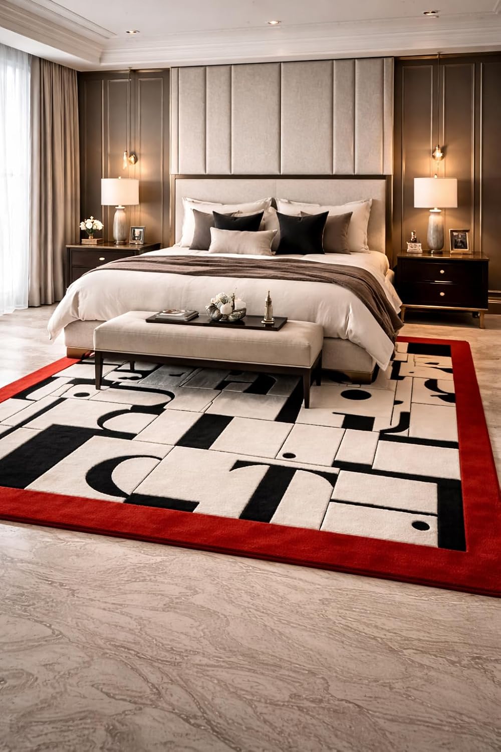 Modern Abstract Typography Area Rug, Black White Red Border, Geometric Letter Design, Contemporary Home Decor (8 * 10 feet)