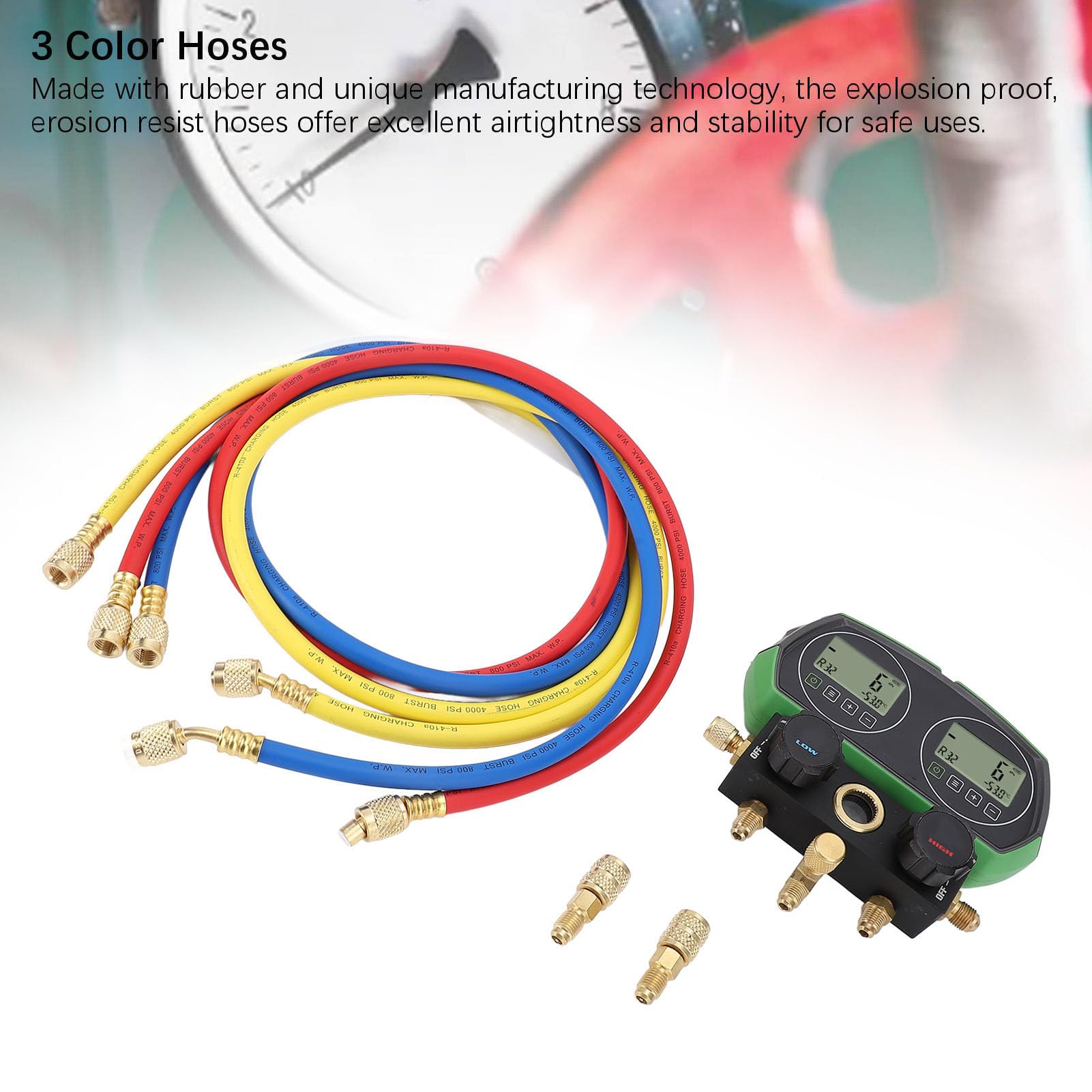 Manómetro Digital para HVAC, Kit Recarga Refrigerante con Base 90 Gases, Rango 6000kPa, 3 Mangueras, Estuche ABS para Reparación Aire Acondicionado, Detección Vacío y Fugas