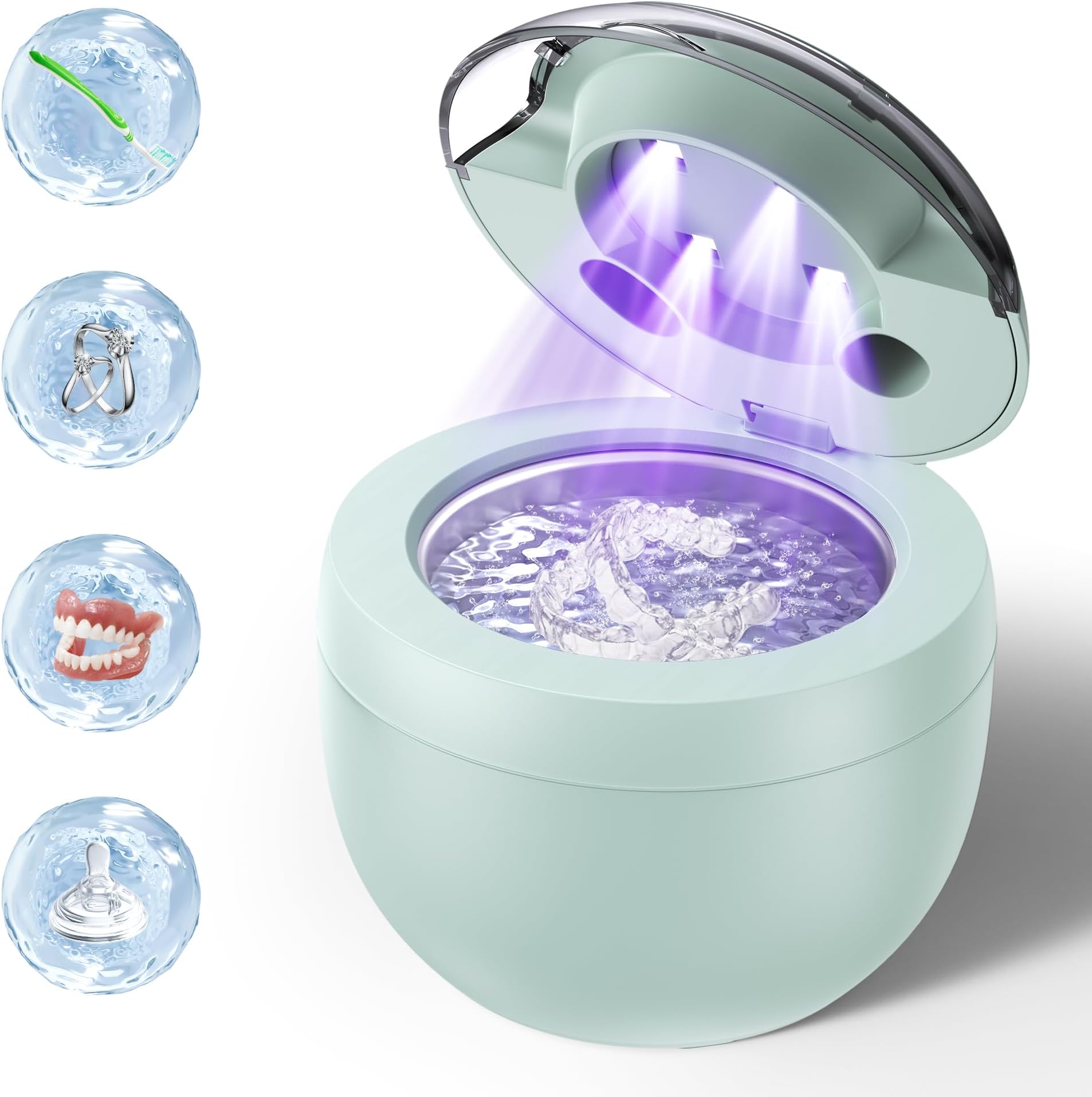 Ultrasonic Retainer Cleaner Machine, 45kHz Ultrasonic Denture Cleaner with 200ML Capacity & 4 Modes for Dental Cleaning Pod, Aligners, Mouthguards, Retainers, Jewelry, Green