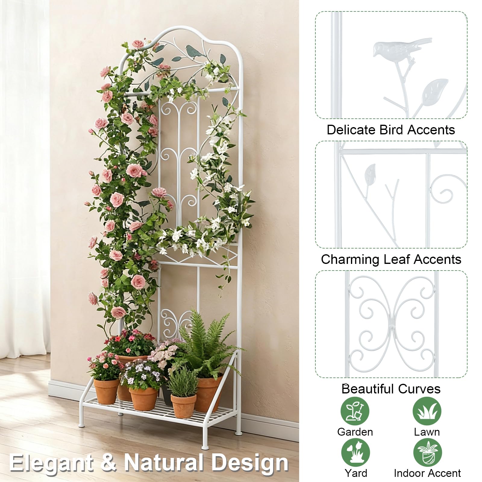 HOMASIS Enrejado para trepadoras con estante extraíble, panel de rejilla de exterior para valla de metal, enrejado decorativo para plantas trepadoras, 50 x 189,5 cm (1, blanco)