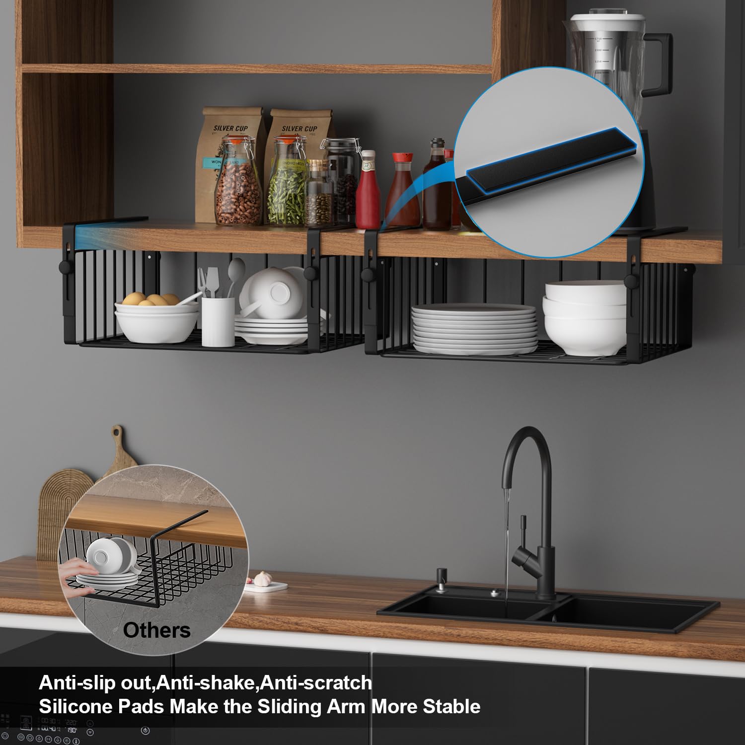 AmonHouseware Paquete de 2 cestas de almacenamiento colgantes debajo del estante, estantes de almacenamiento adicionales debajo del gabinete, organizador para lavandería, cocina, despensa, escritorio