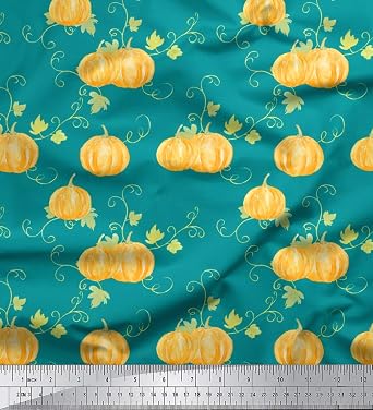 Soimoi Japan Crepe Green Fabric - by The Yard - 42 Inch Wide - Leaves & Pumpkin Vegetable Bounty Cloth - Nature-Inspired Fusion for Kitchen and Home Goods Printed Fabric