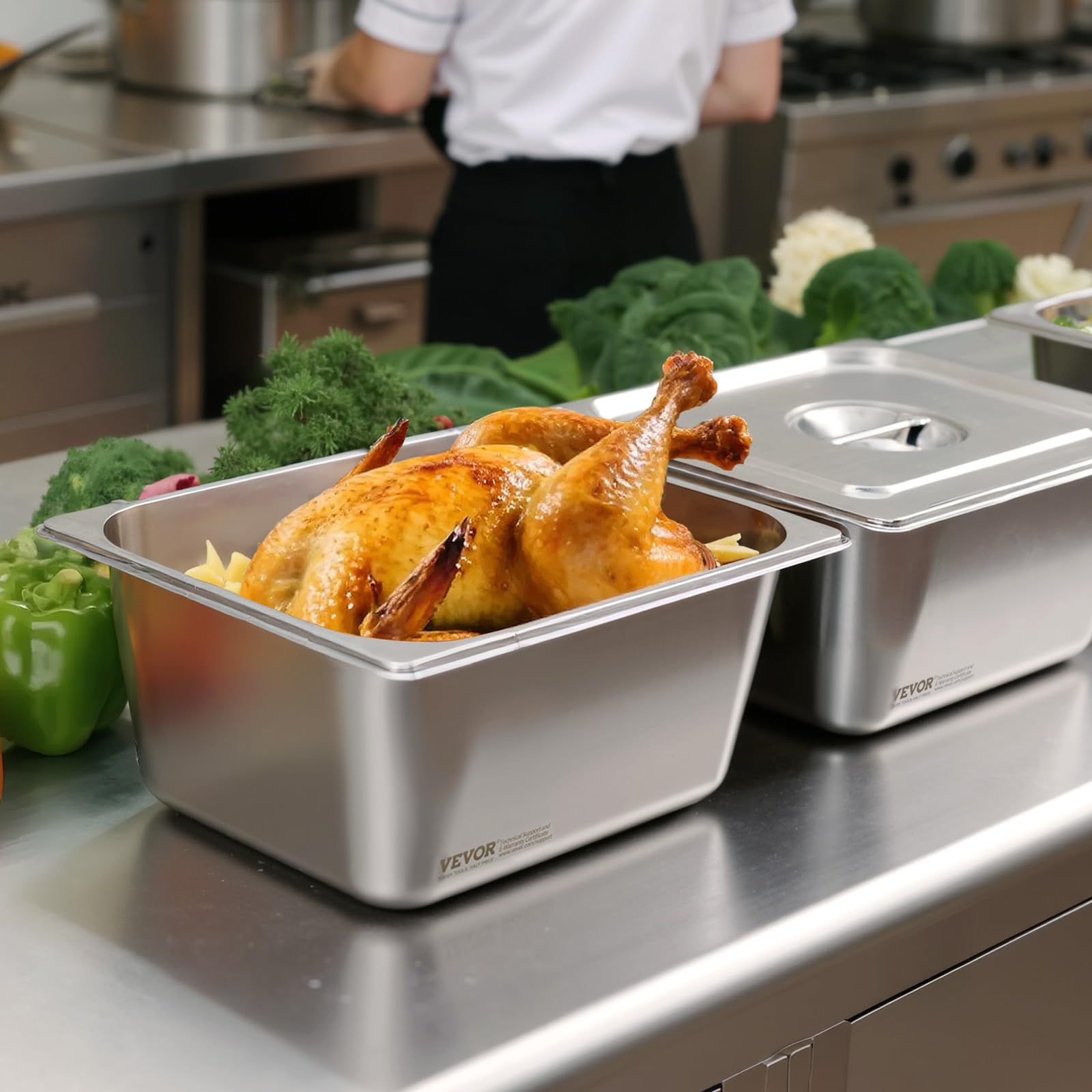 VEVOR Recipiente Gastronorm Reutilizable para Hotel 1/2 Tamaño, Paquete de 2, 9 L, Bandeja de Empanado de Acero Inoxidable con Tapa para Bufé de Fiestas, 325 x 265 x 149 mm, -4 °C a 260 °C, Plata