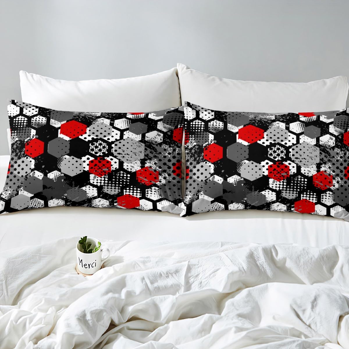 Manfei Honeycomb Duvet Cover Set Single Size, Red Grey White Hexagon Comforter Cover with 1 Pillowcase - Image 4