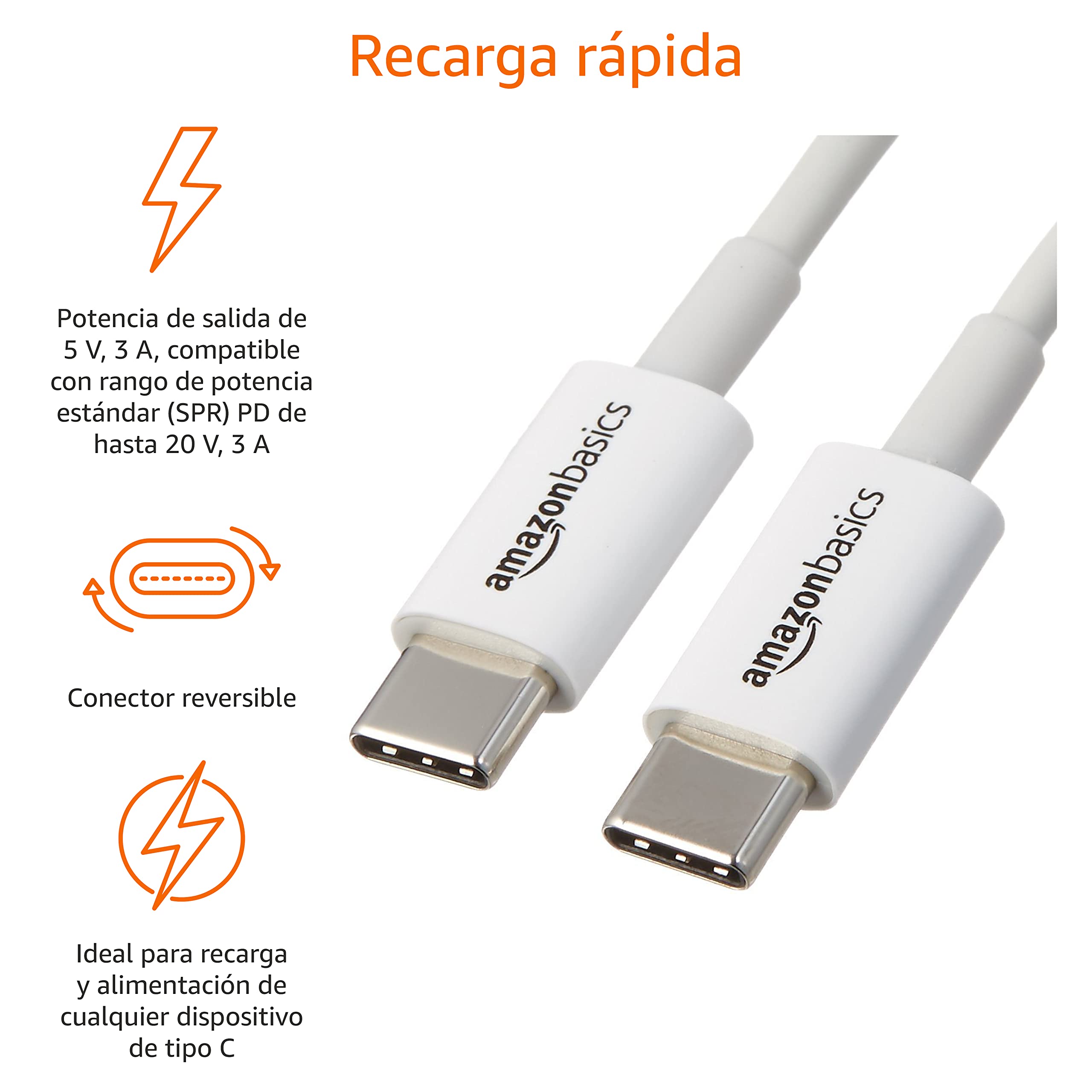 Amazon Basics Cable USB-C a USB-C 480 Mbps certificado USB-IF 1.8 m blanco