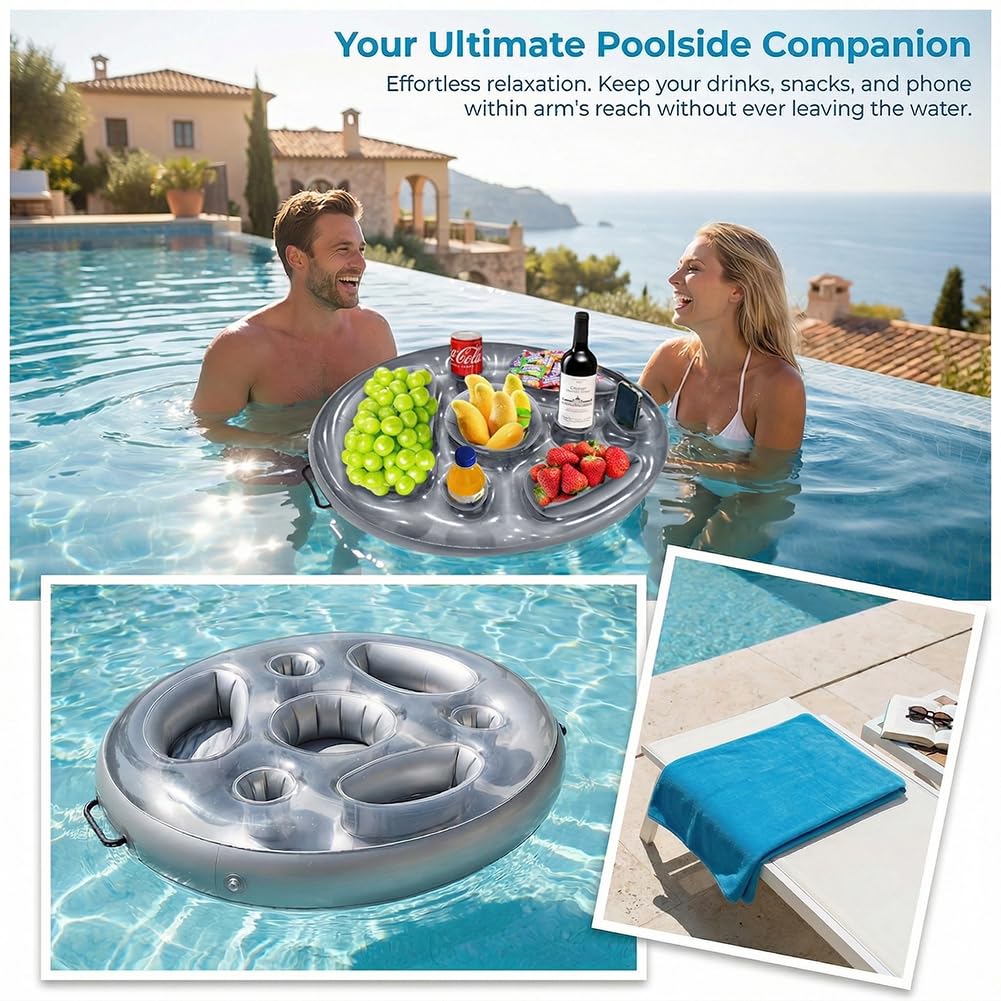 Porte-Gobelet Piscine Gonflable 2 en 1, Plateau Bar Flottant Plage 8 Trous, Coasters Flottants Grande Capacité, Serveur Buffet Fête Thème d'été pour Boissons Bouteille, Jus Bière, Snacks,Salade Fruits
