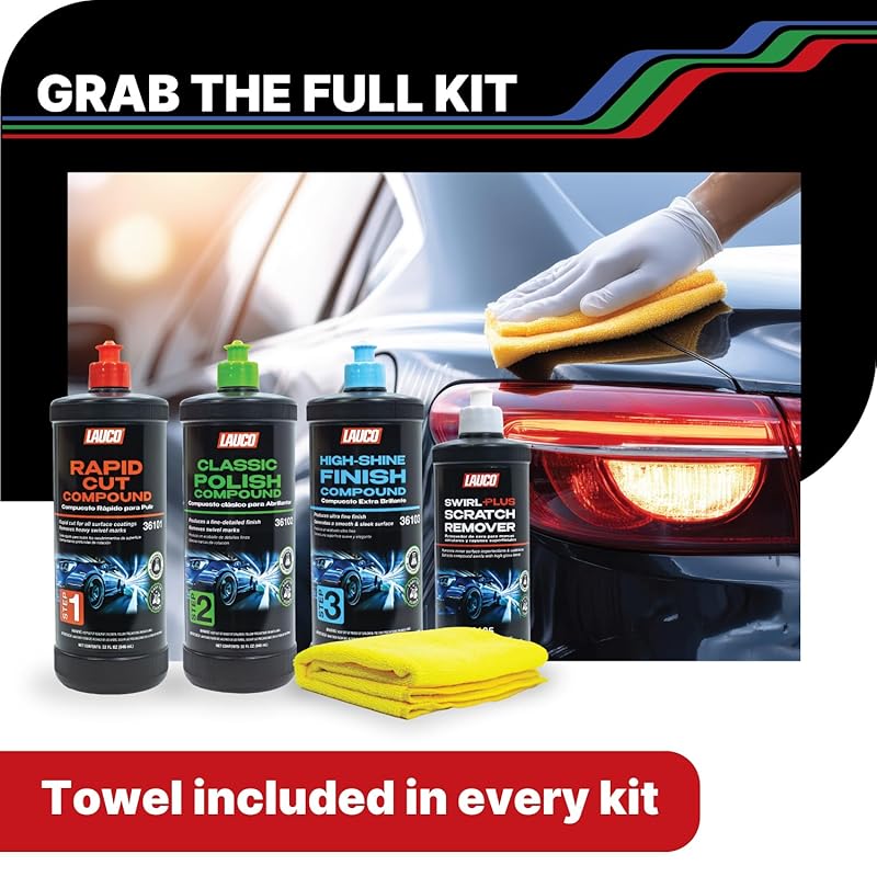 LAUCO 3-Step Kit – Steps 1 2 3 – 32oz, + Swirl Remover – 8oz, with a Towel, Professional Silicone-Free Cutting, Polishing & Finishing Compounds for Scratch Removal, Clear Coat Safe High-Gloss Finish Full Set