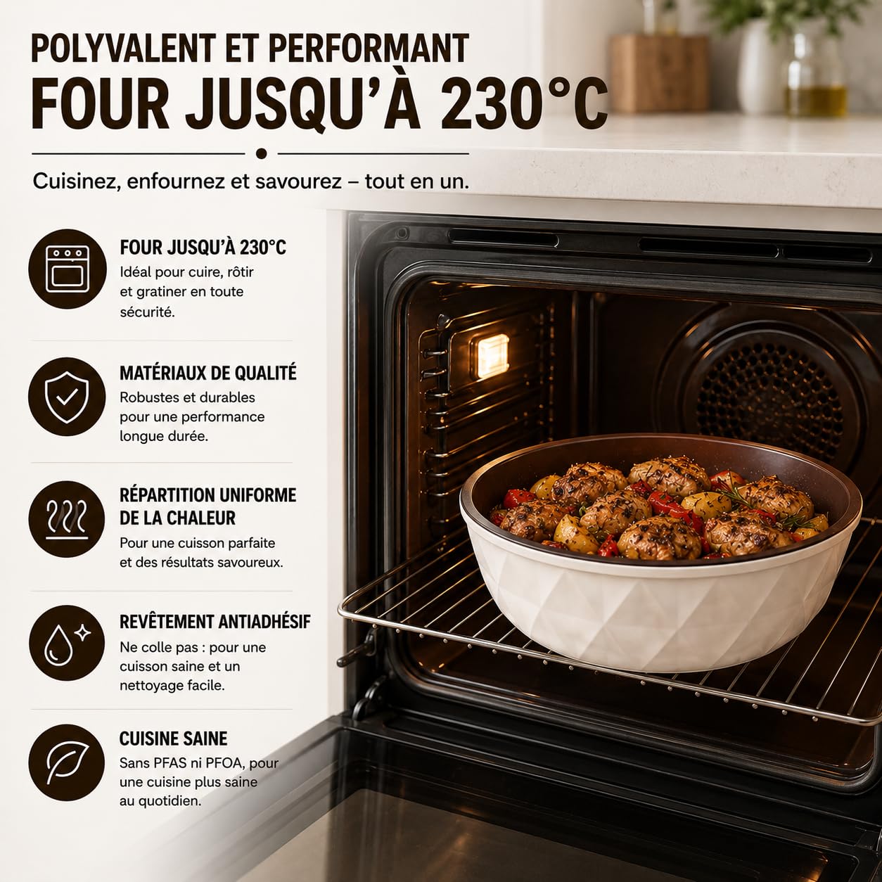 Royal Swiss® Batterie de Cuisine Induction 9 Pièces, Poignées Amovibles, Casseroles & Poêles Empilables, Revêtement Antiadhésif Sans PFAS, Couvercle Universel, Tous Feux, Beige