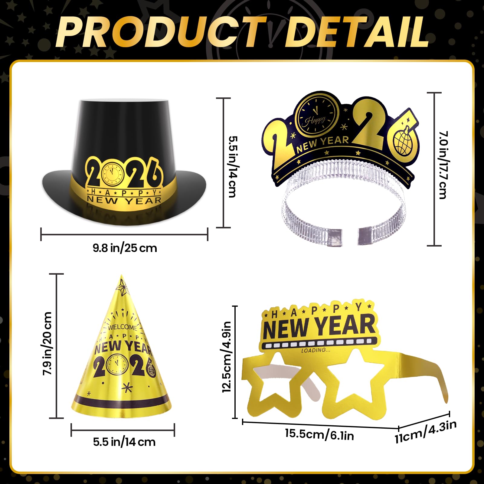 Decorazioni per feste di Capodanno 2025 - Set da 24 ospiti con cappelli, occhiali