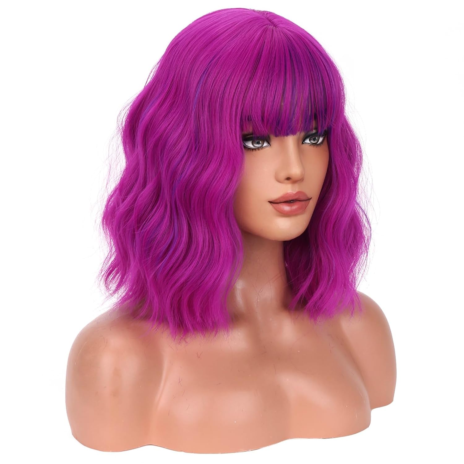 BERON Rose and Purple Womens Wig Short Curly Bob Wig with Bangs for Girls Fuchsia Colored Wavy Hair Wigs 12'' Women's Magenta Synthetic Wigs Daily or Cosplay Use